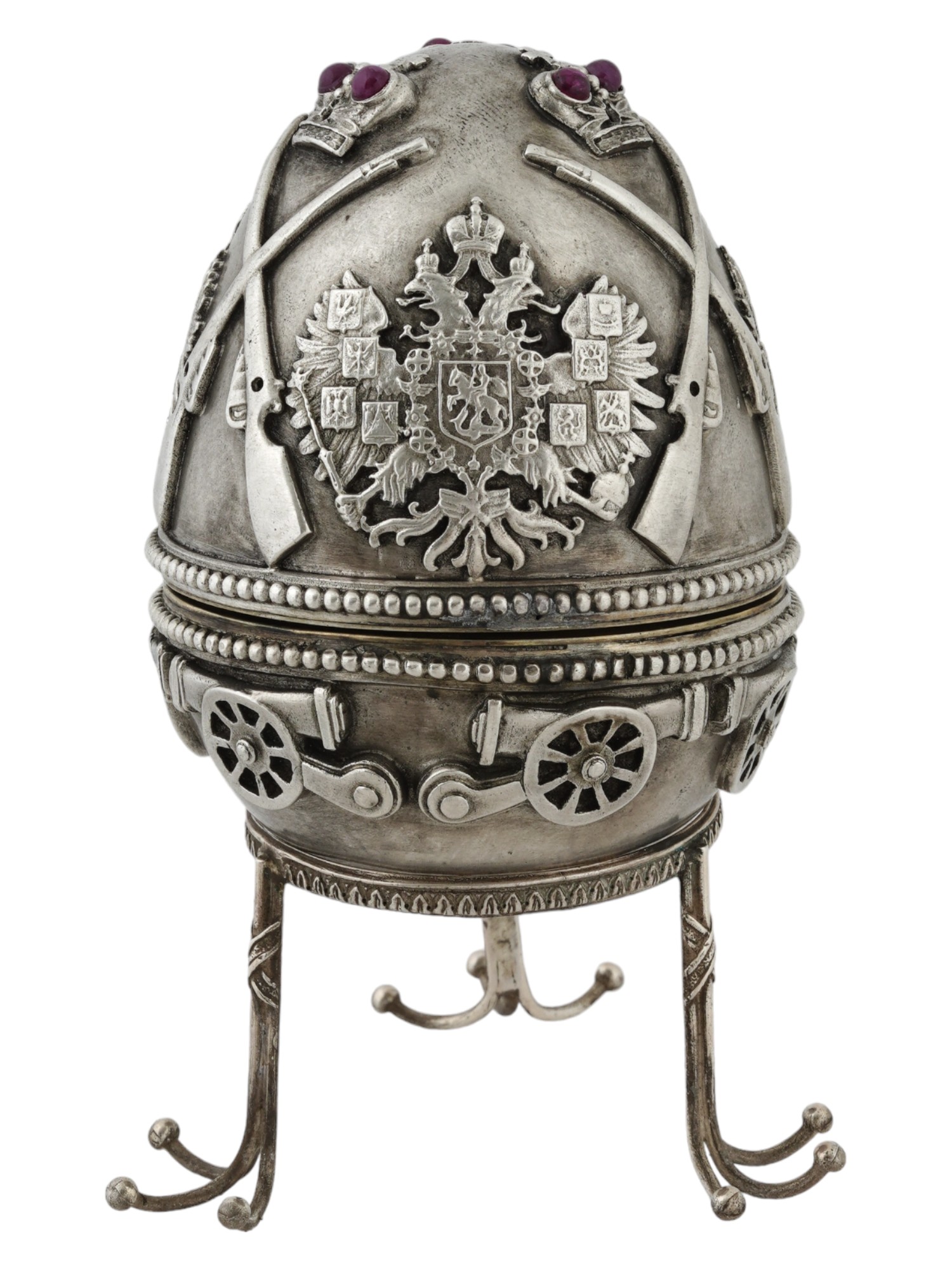 LARGE RUSSIAN SILVER EASTER EGG WITH MILITARY SYMBOLS PIC-0