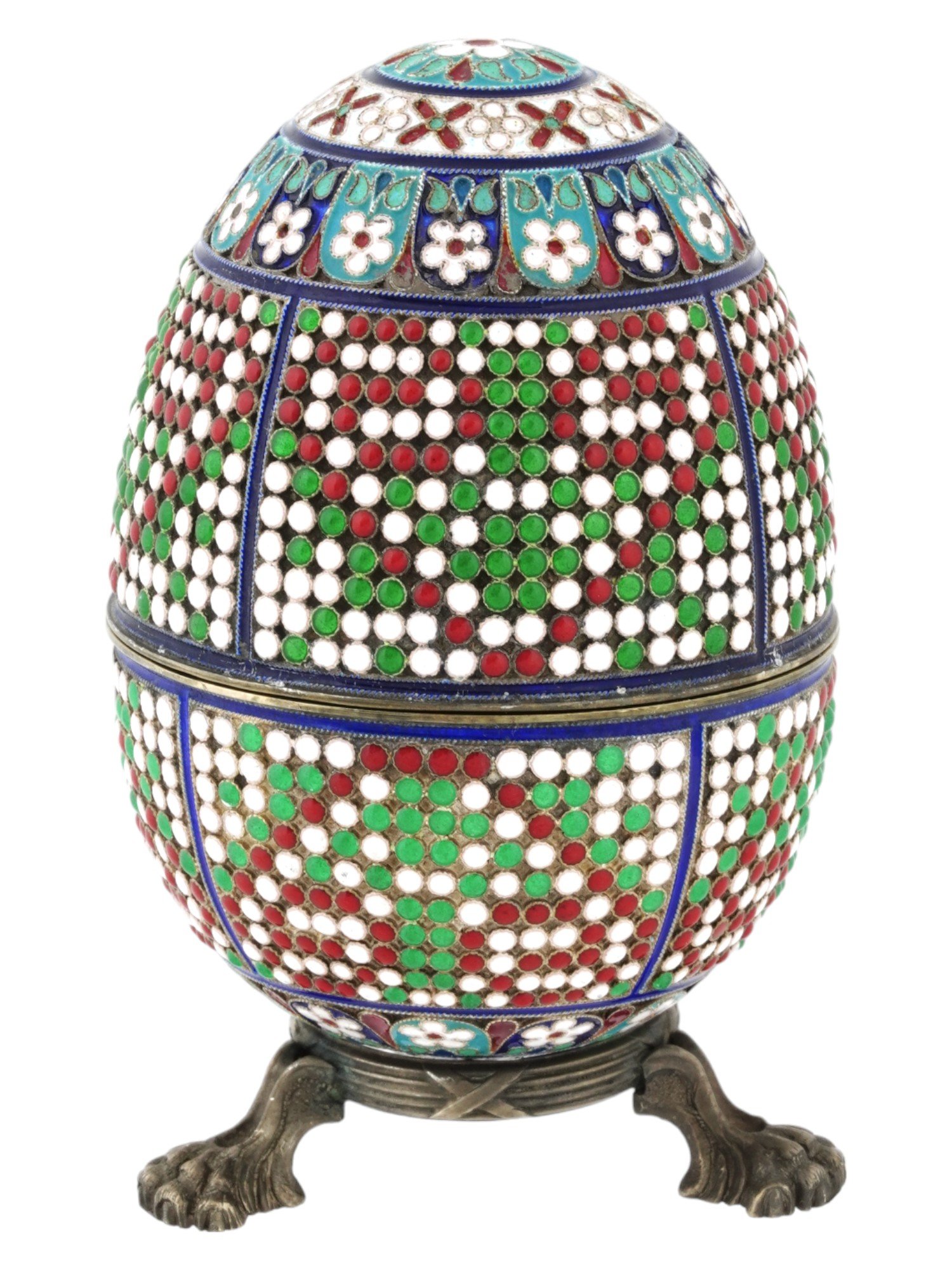 RUSSIAN 84 SILVER CLOISONNE ENAMEL EGG CASKET W STAND PIC-0