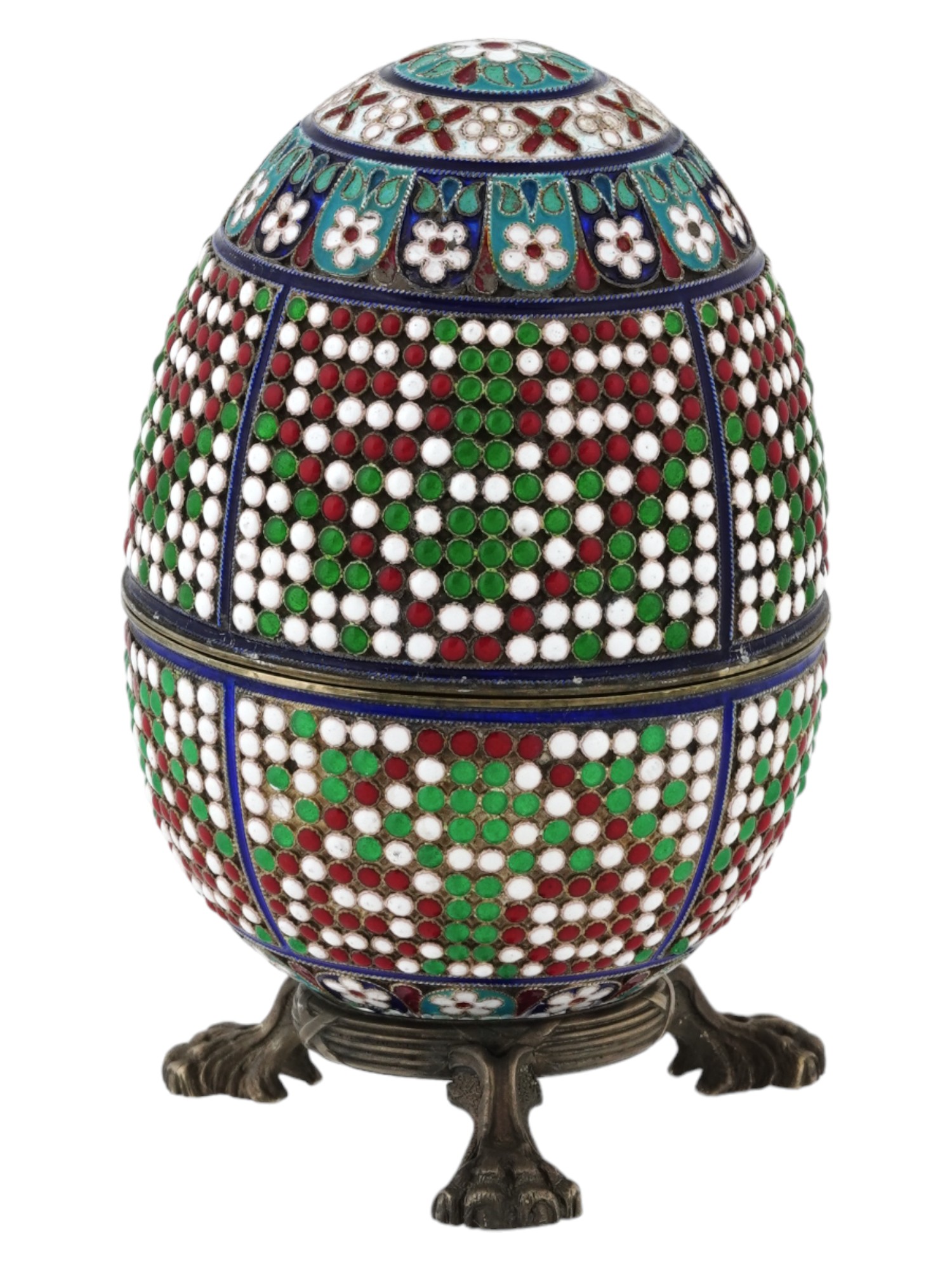 RUSSIAN 84 SILVER CLOISONNE ENAMEL EGG CASKET W STAND PIC-2