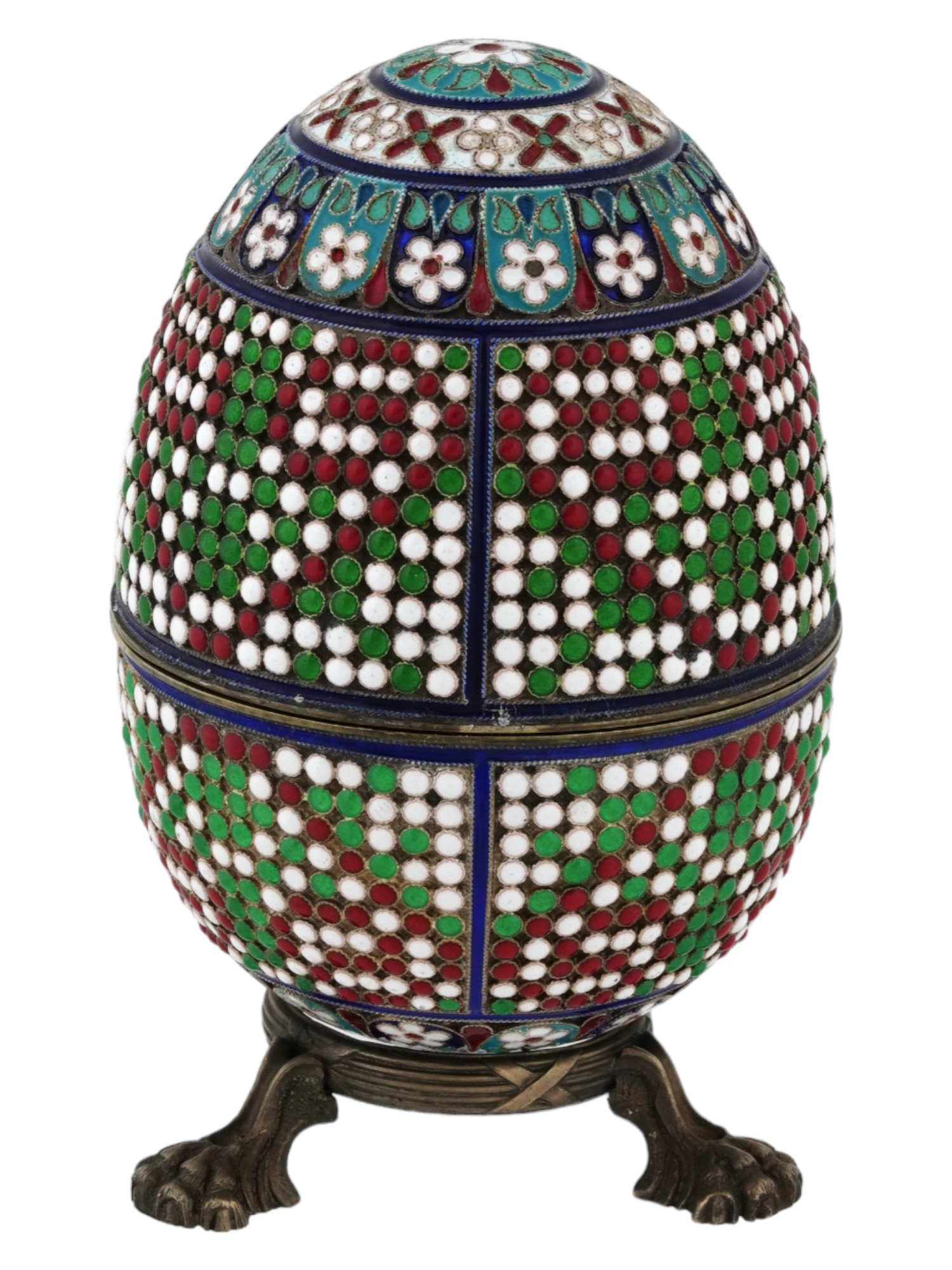 RUSSIAN 84 SILVER CLOISONNE ENAMEL EGG CASKET W STAND PIC-1