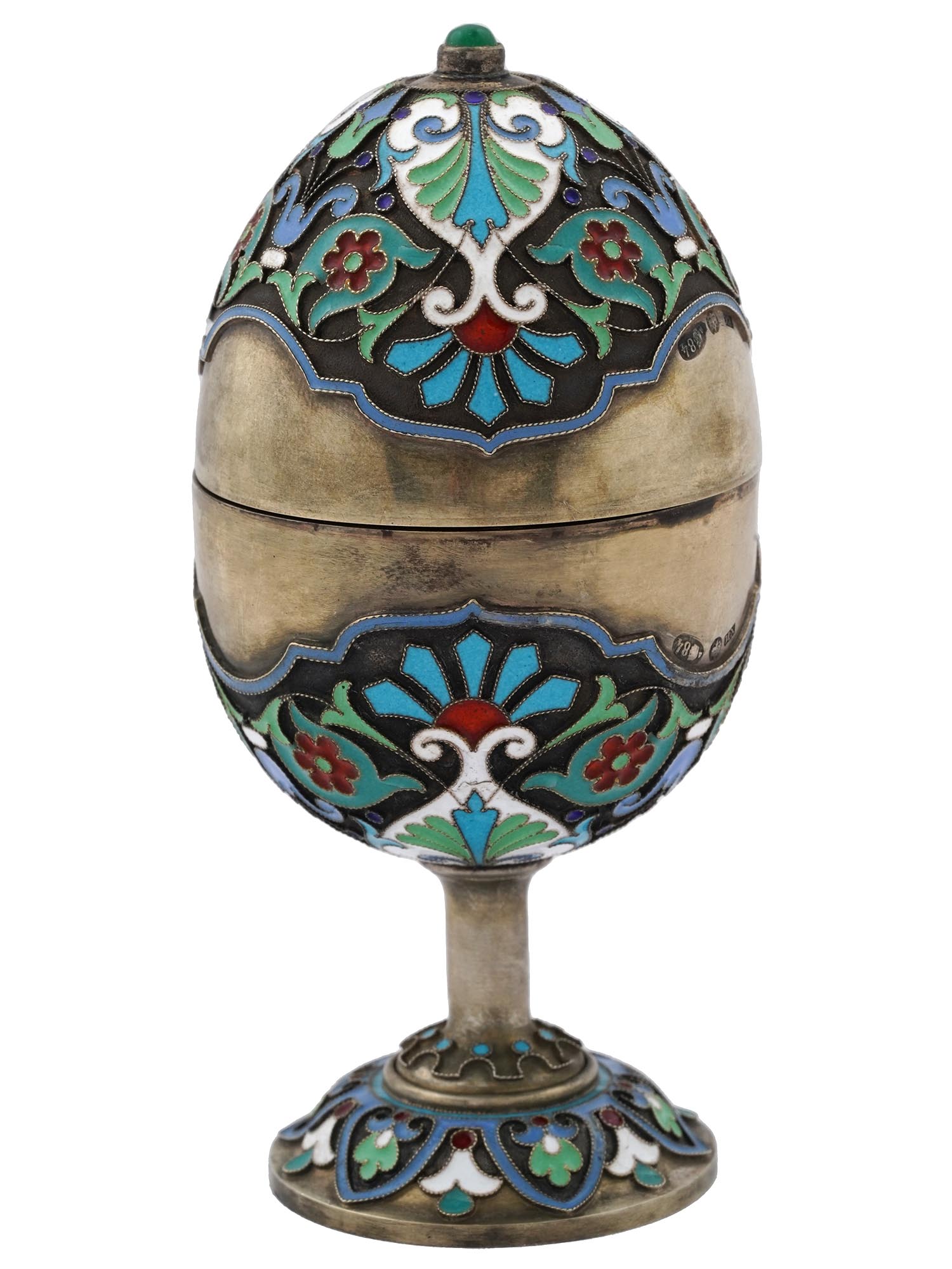 RUSSIAN 84 SILVER ENAMEL FOOTED EASTER EGG CASKET PIC-1