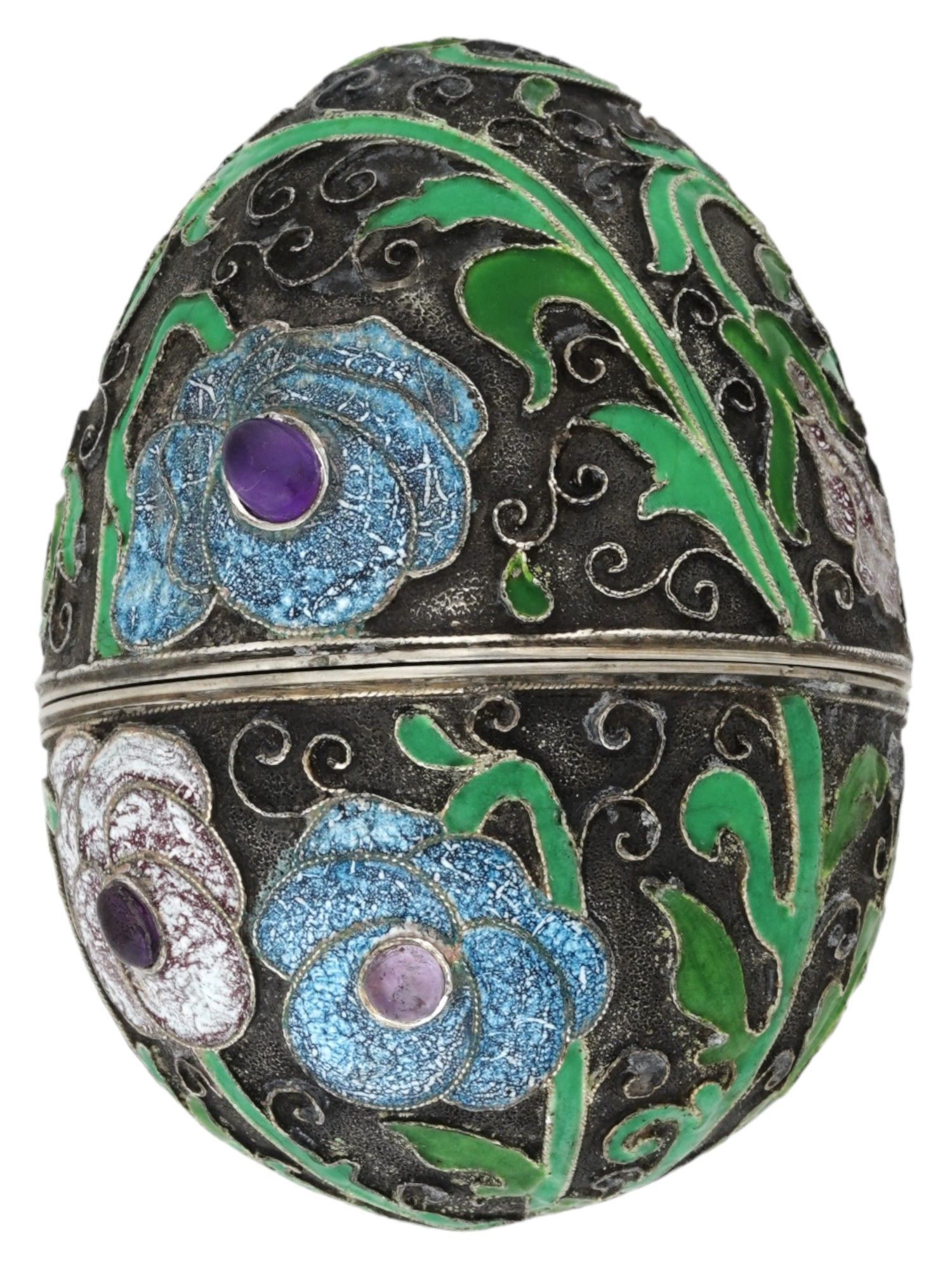 RUSSIAN 88 GILT SILVER ENAMEL GEMSTONE EGG BOX PIC-1