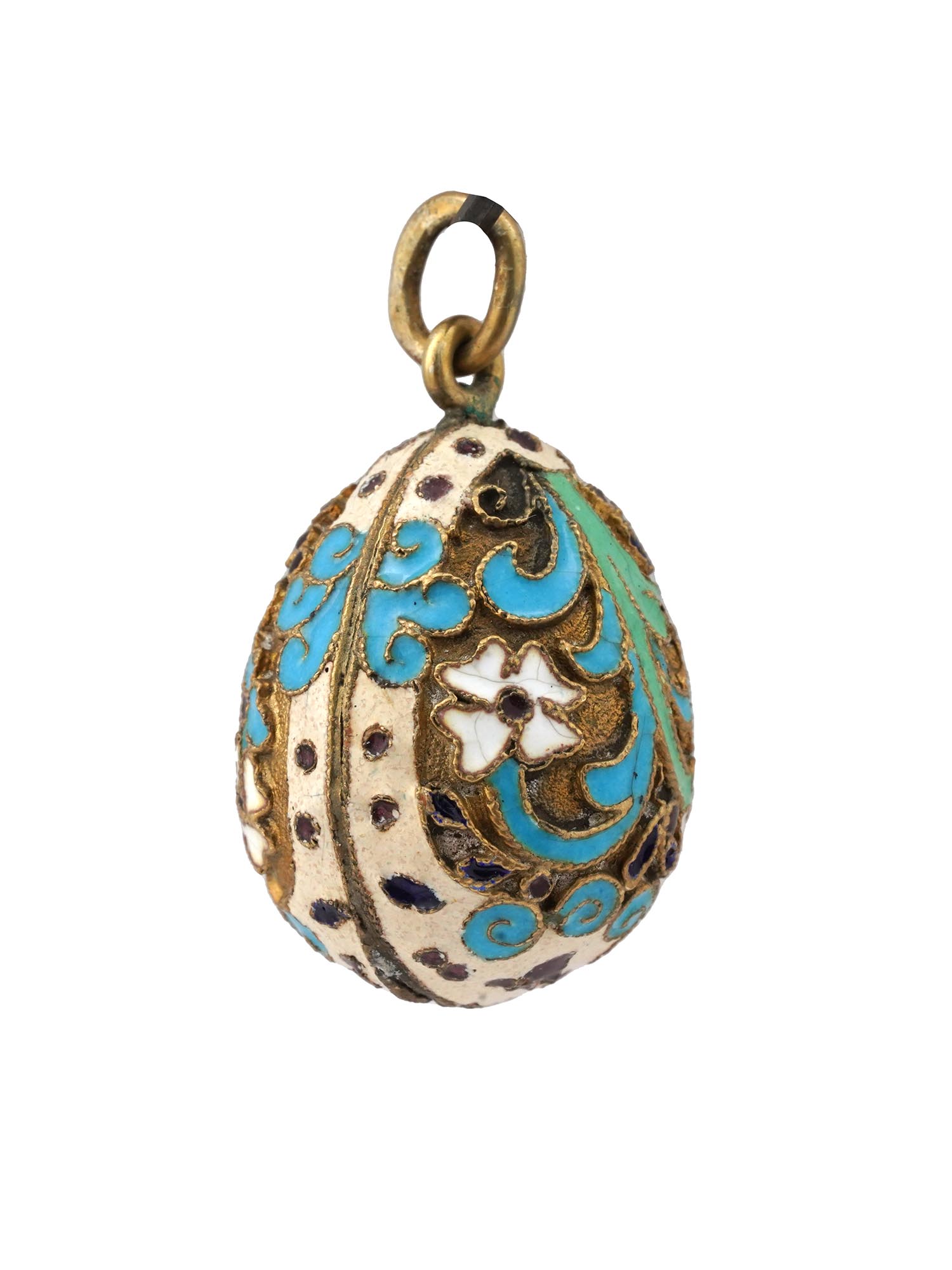 RUSSIAN GILT SILVER CLOISONNE ENAMEL EGG PENDANT PIC-2