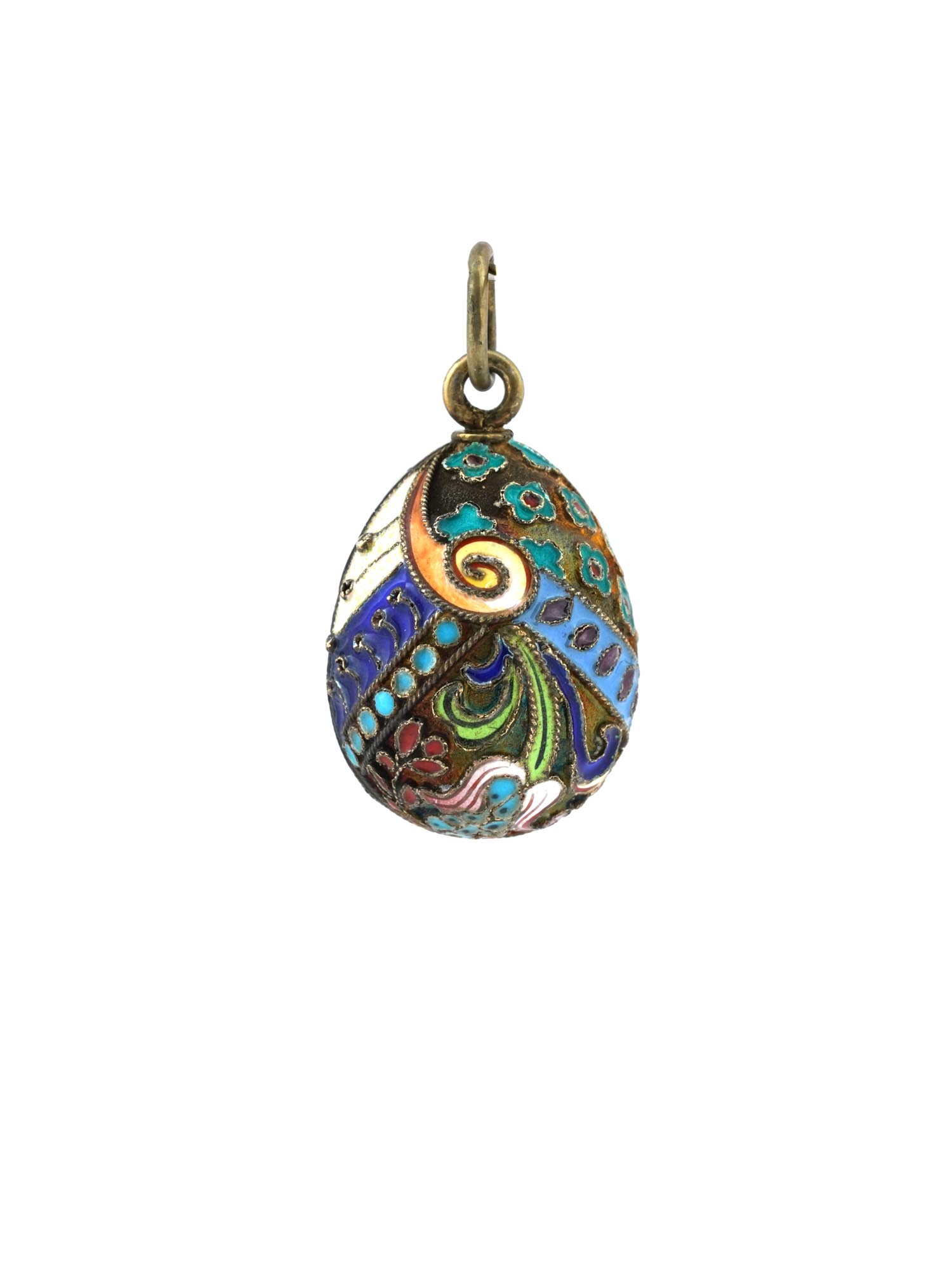 RUSSIAN GILT SILVER CLOISONNE ENAMEL EGG PENDANT PIC-1