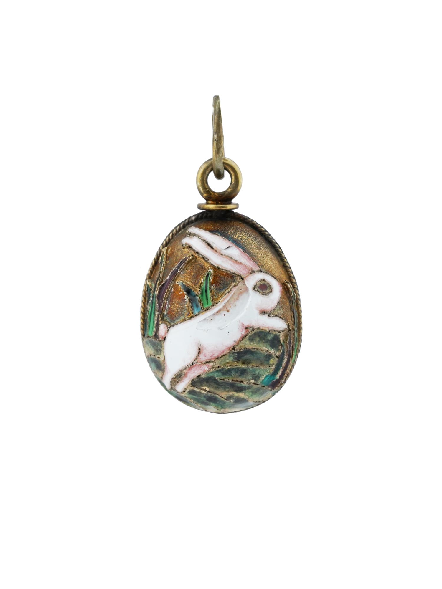 RUSSIAN 84 GILT SILVER ENAMEL RABBITS EGG PENDANT PIC-1