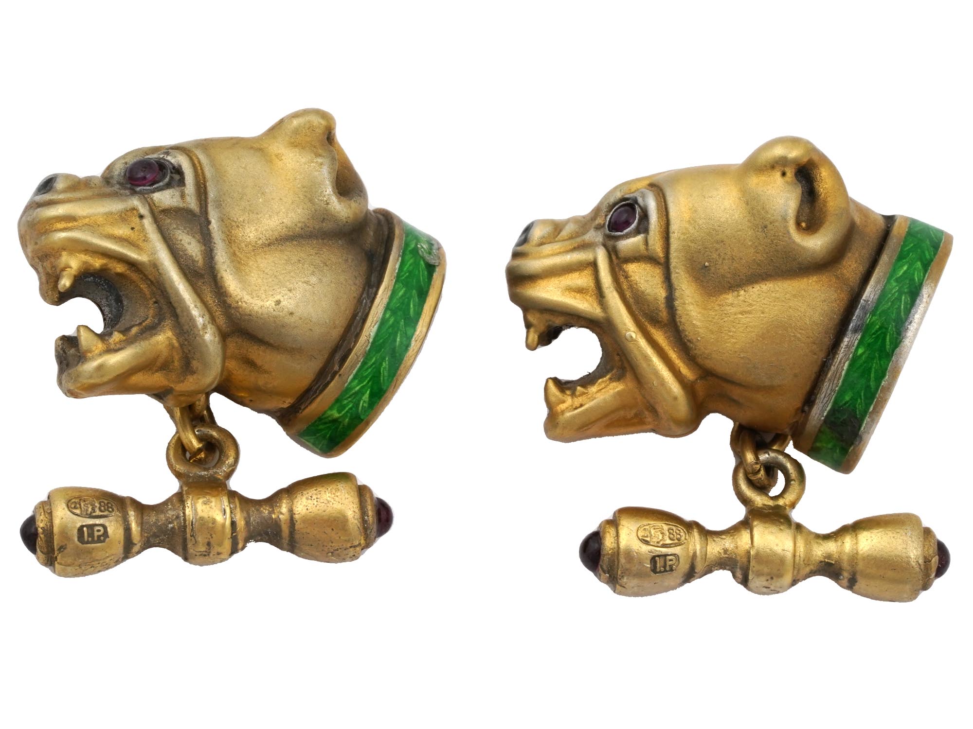 RUSSIAN GILT SILVER ENAMEL RUBY BULLDOG CUFFLINKS PIC-0