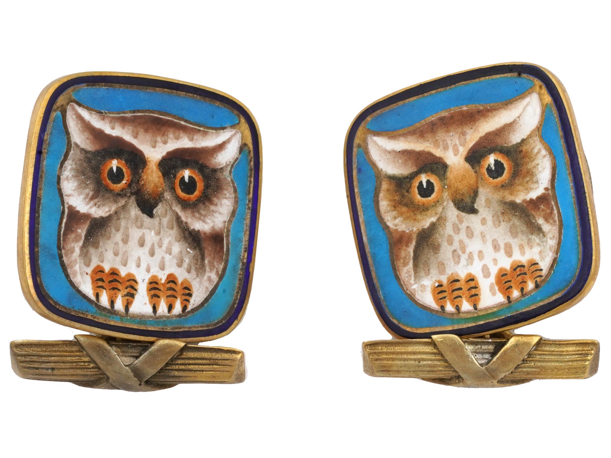 RUSSIAN SILVER GILT PAINTED ENAMEL OWL CUFFLINKS PIC-0