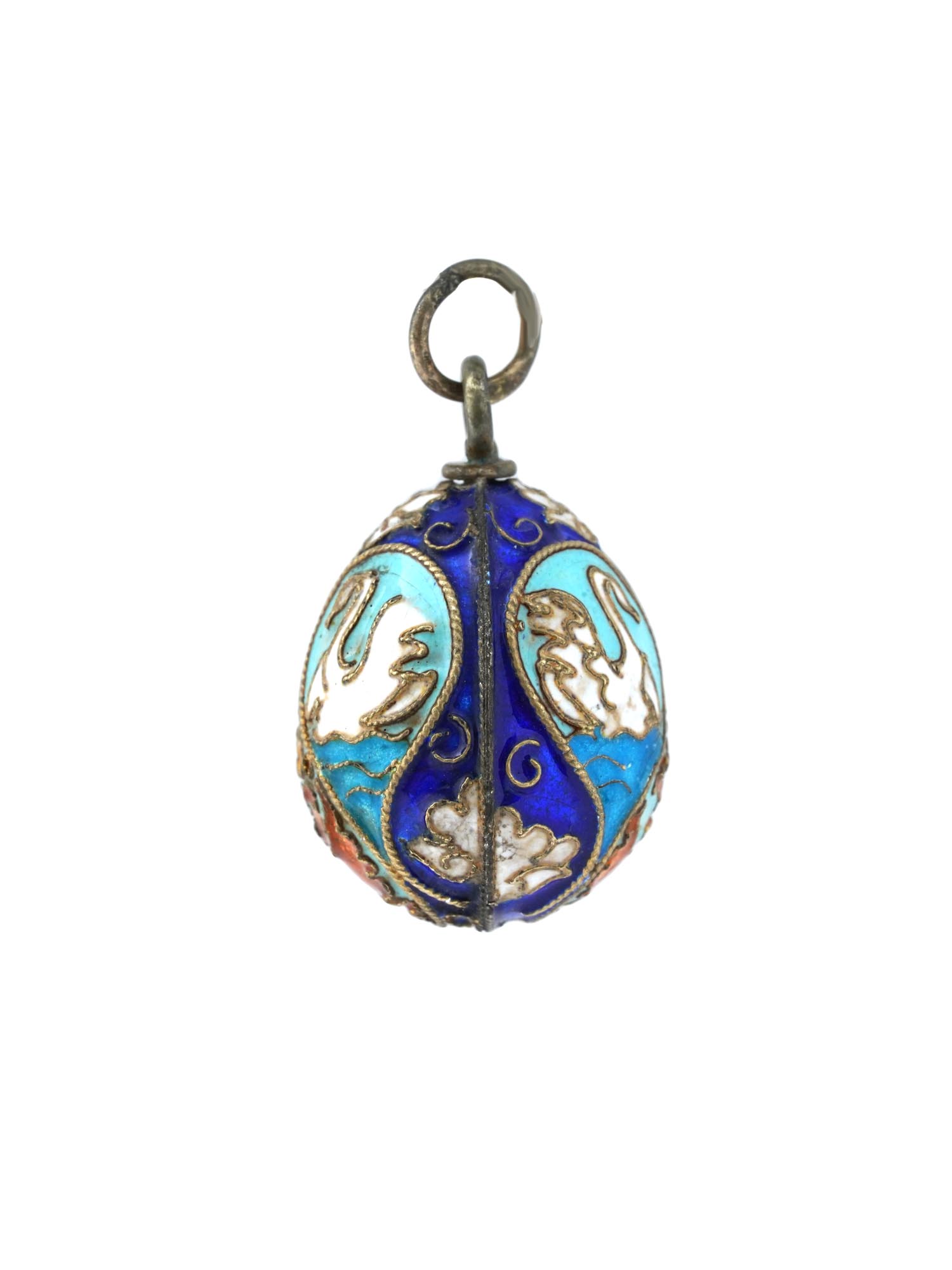 RUSSIAN 88 SILVER CLOISONNE ENAMEL SWAN EGG PENDANT PIC-1