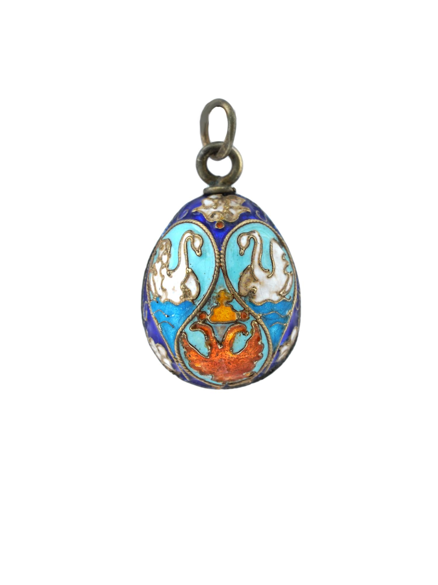 RUSSIAN 88 SILVER CLOISONNE ENAMEL SWAN EGG PENDANT PIC-0