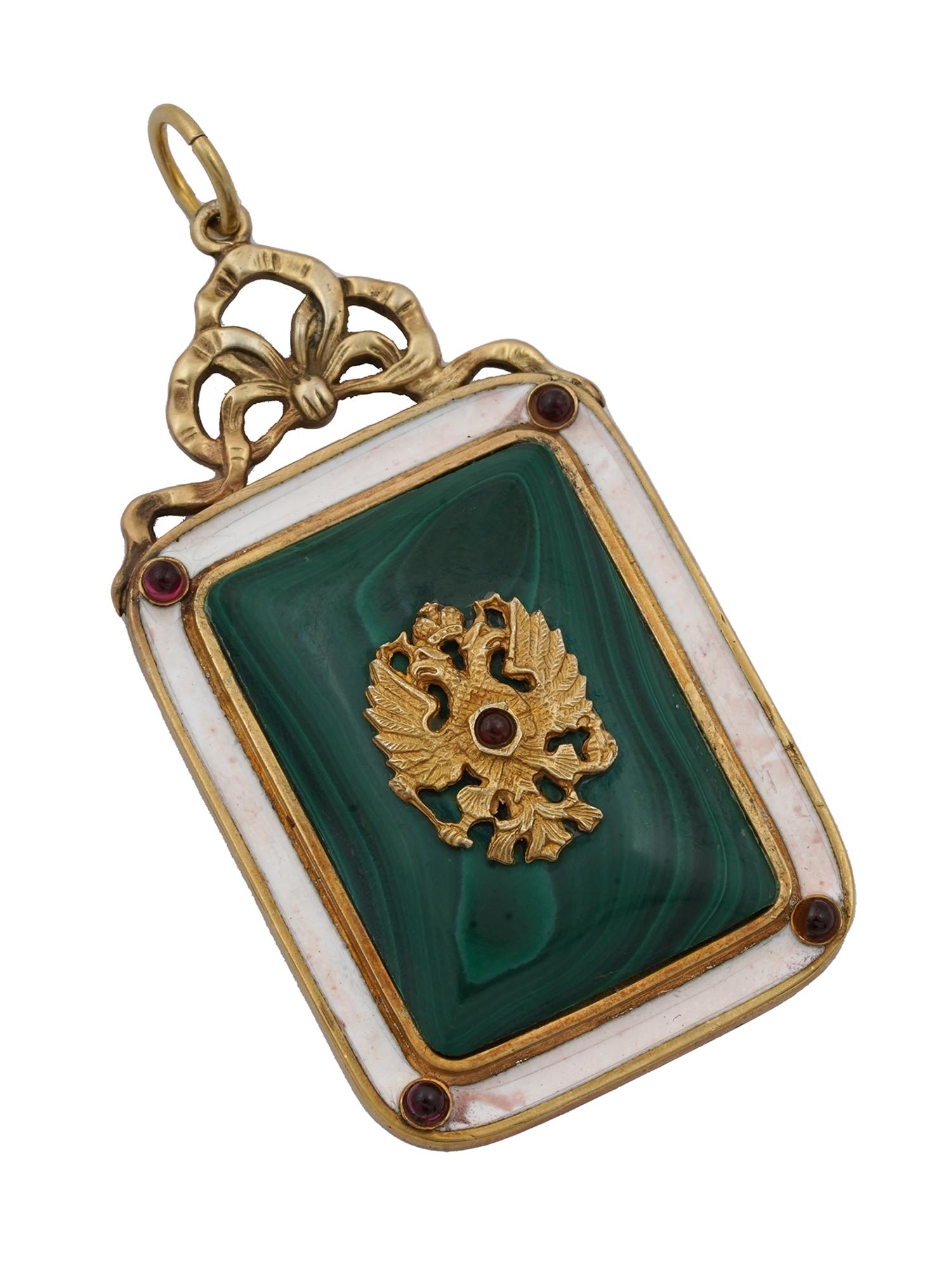 RUSSIAN GILT SILVER ENAMEL MALACHITE EAGLE PENDANT PIC-0