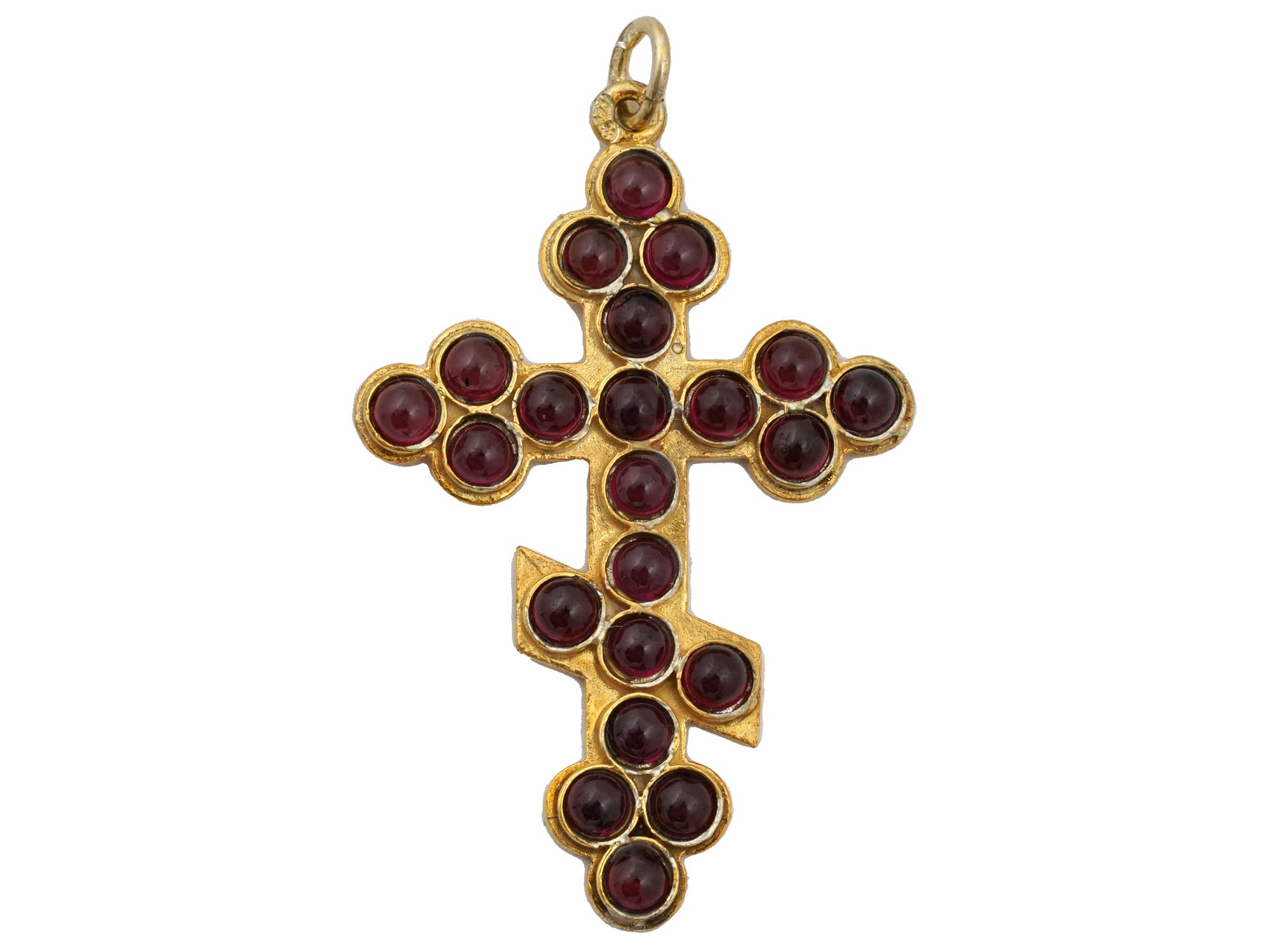 RUSSIAN GILT SILVER GARNET ORTHODOX CROSS PENDANT PIC-0