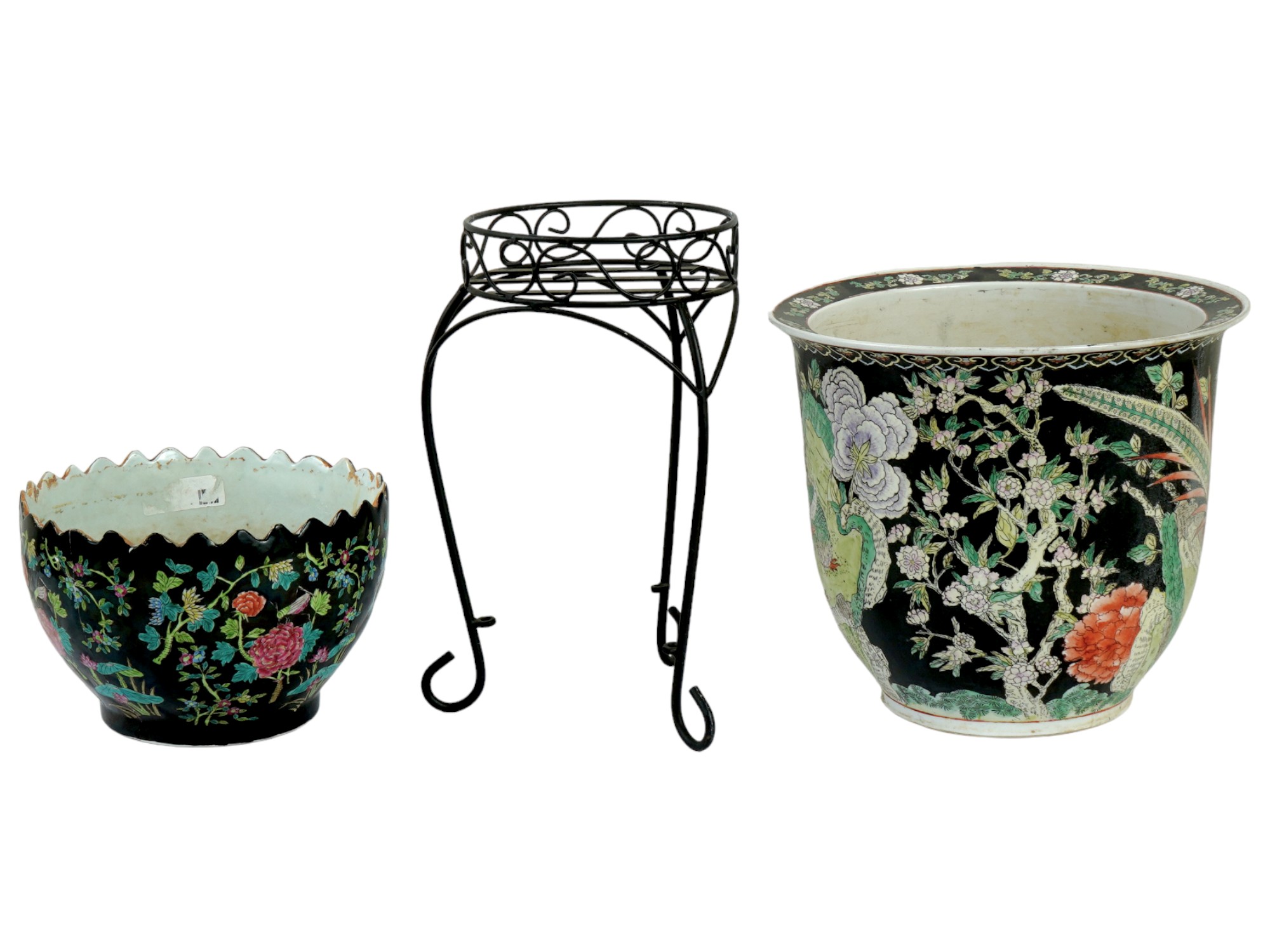 PAIR OF CHINESE PAINTED FLOWER POTS AND STAND PIC-0