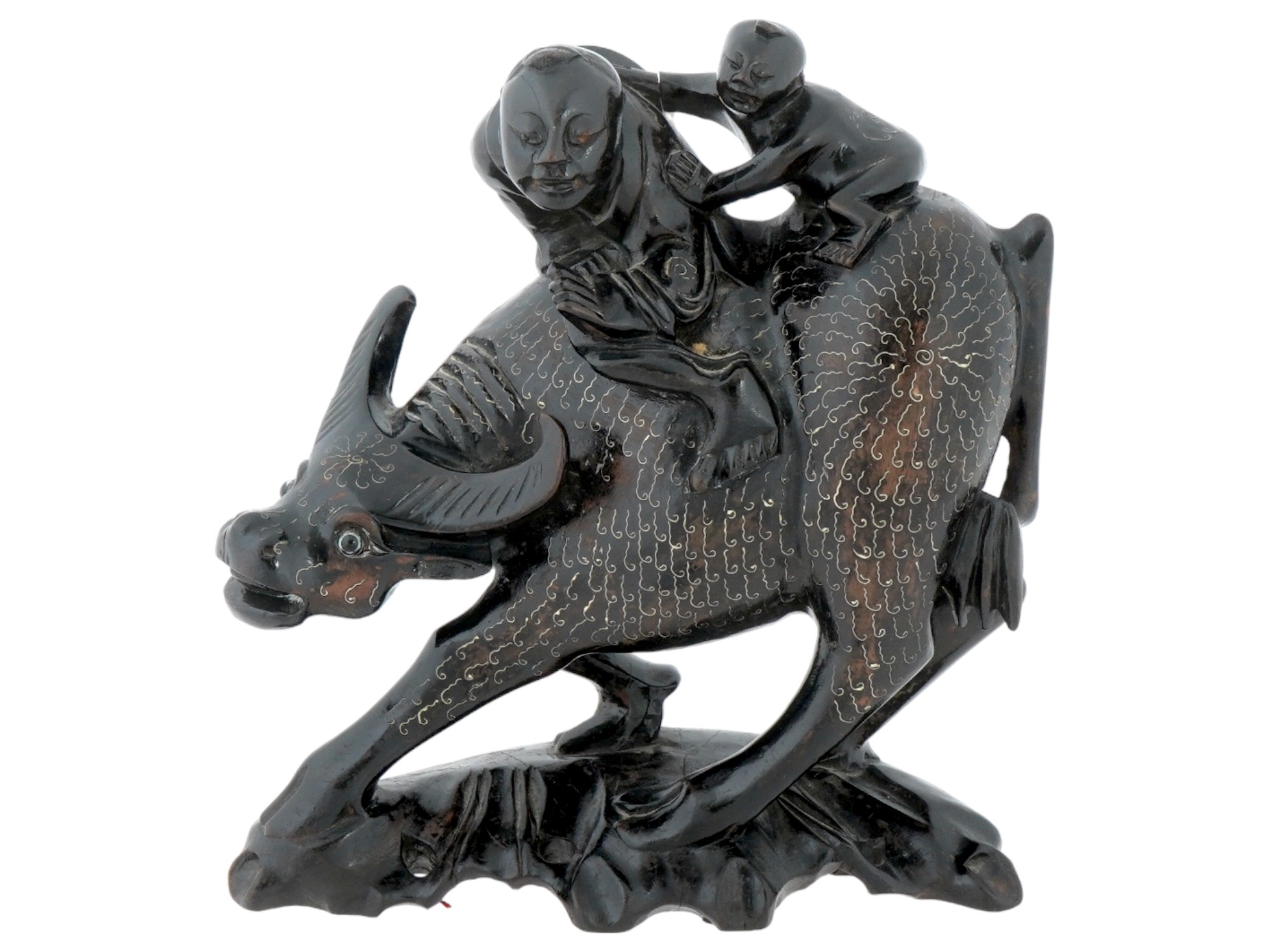 CHINESE WOOD CARVED FIGURINE OF BUFFALO AND RIDERS PIC-0