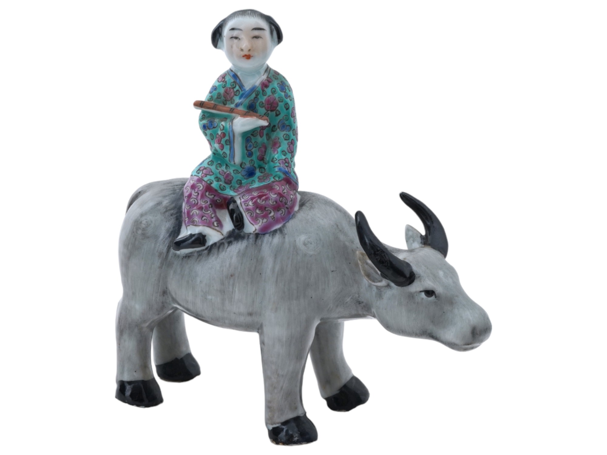 CHINESE PORCELAIN FIGURINE HERDBOY RIDING BUFFALO PIC-0