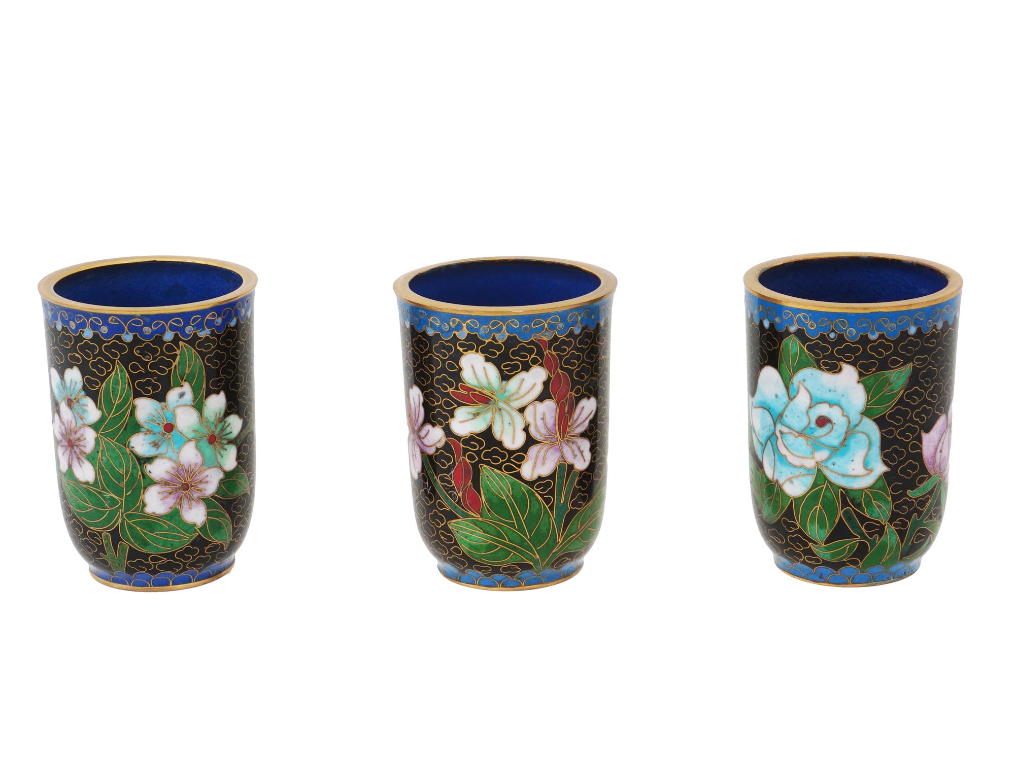 COLLECTION OF CHINESE FLORAL CLOISONNE ENAMEL CUPS PIC-0