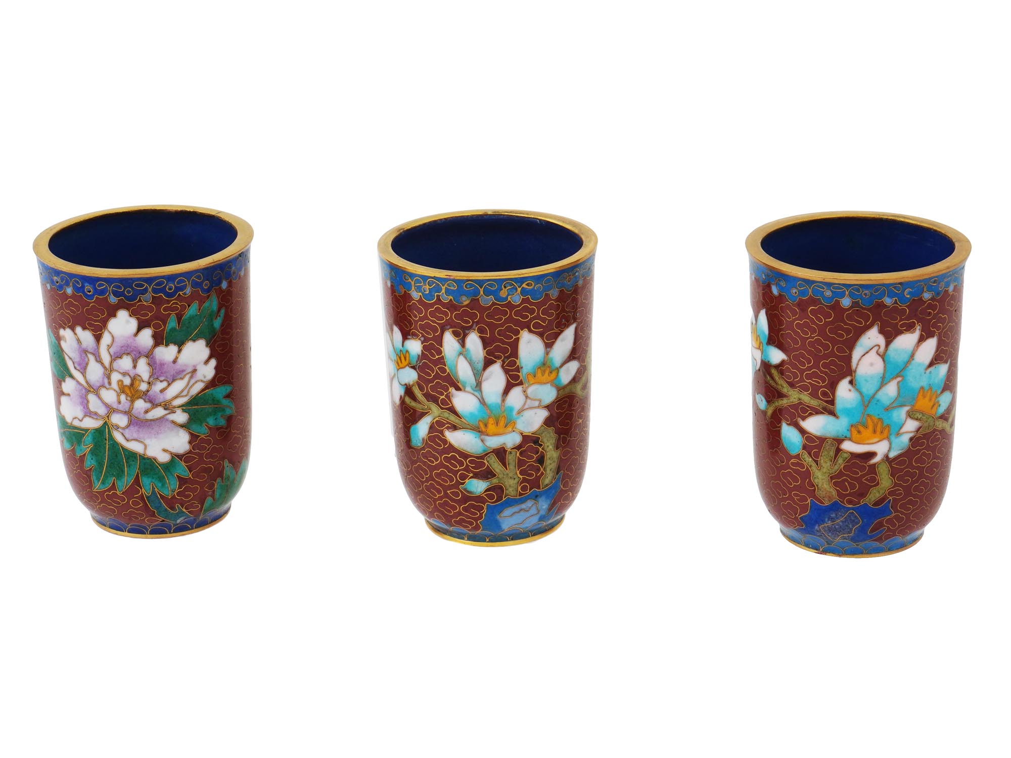 COLLECTION OF CHINESE FLORAL CLOISONNE ENAMEL CUPS PIC-0