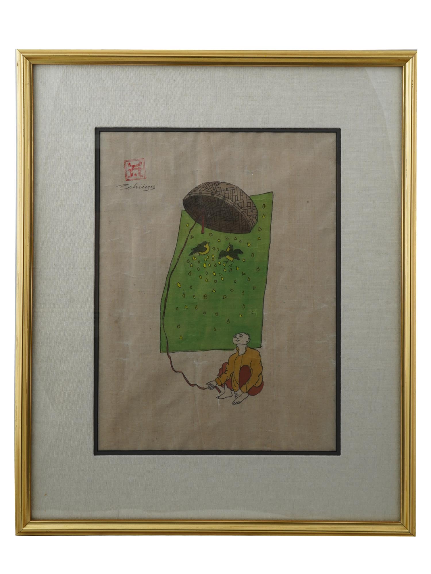 CONTEMPORARY CHINESE WOODBLOCK BIRD CAGE SIGNED PIC-0