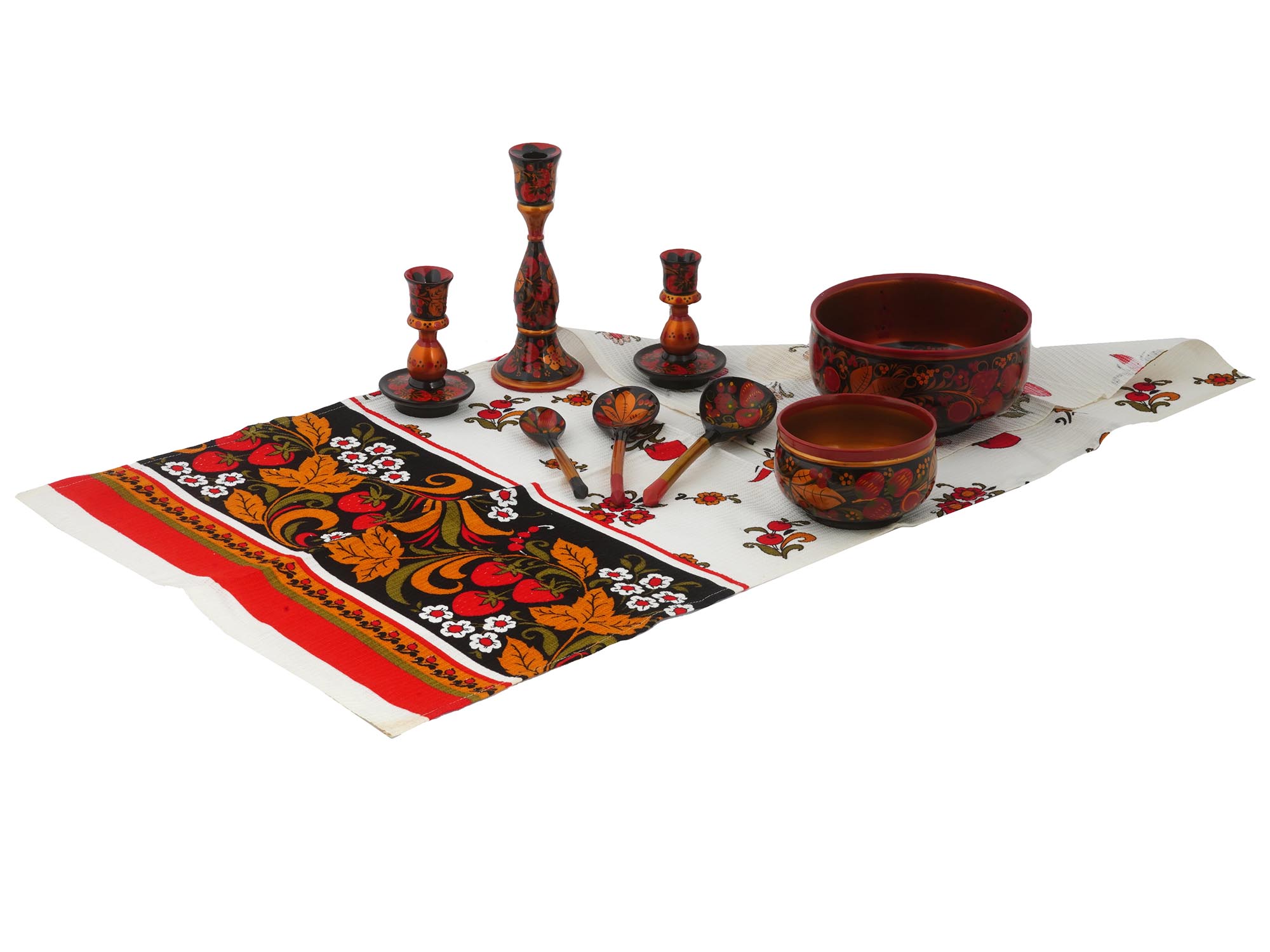 RUSSIAN HAND PAINTED WOODEN KHOKHLOMA TABLEWARE SET PIC-0