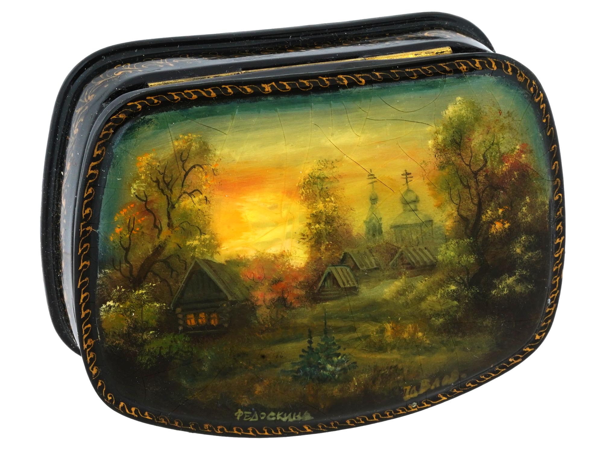 RUSSIAN TRADITIONAL LACQUERED FEDOCKINO TRINKET BOX PIC-2