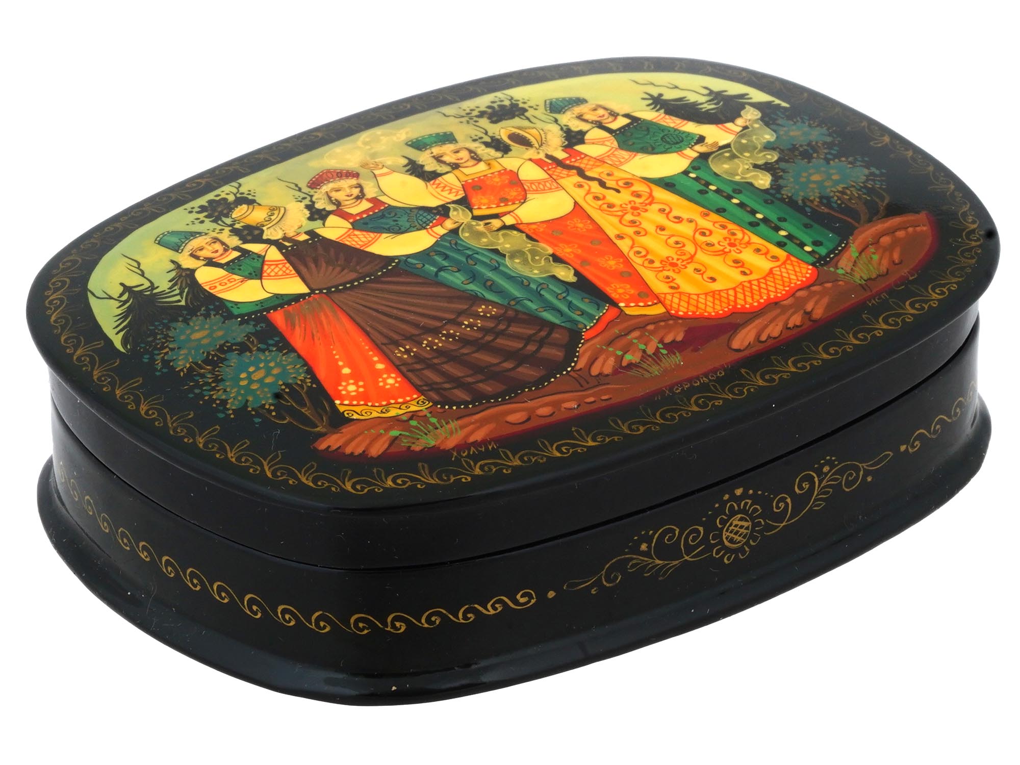 RUSSIAN TRADITIONAL LACQUERED KHOLUI TRINKET BOX PIC-0