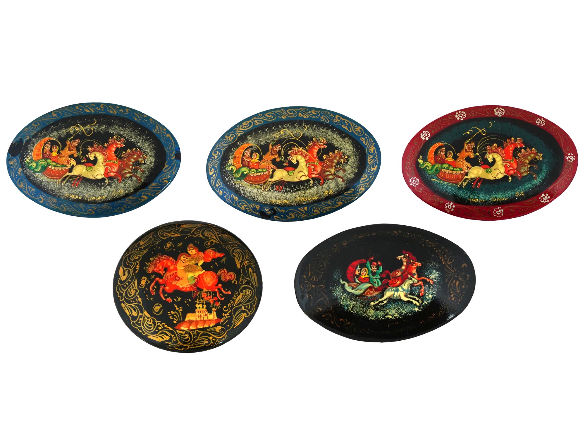 FIVE RUSSIAN TRADITIONAL LACQUERED WOODEN BADGES PIC-0