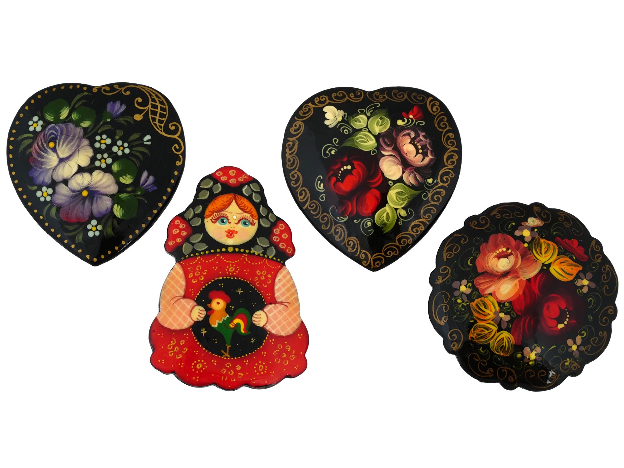 4 RUSSIAN TRADITIONAL HAND PAINTED WOODEN BADGES PIC-0