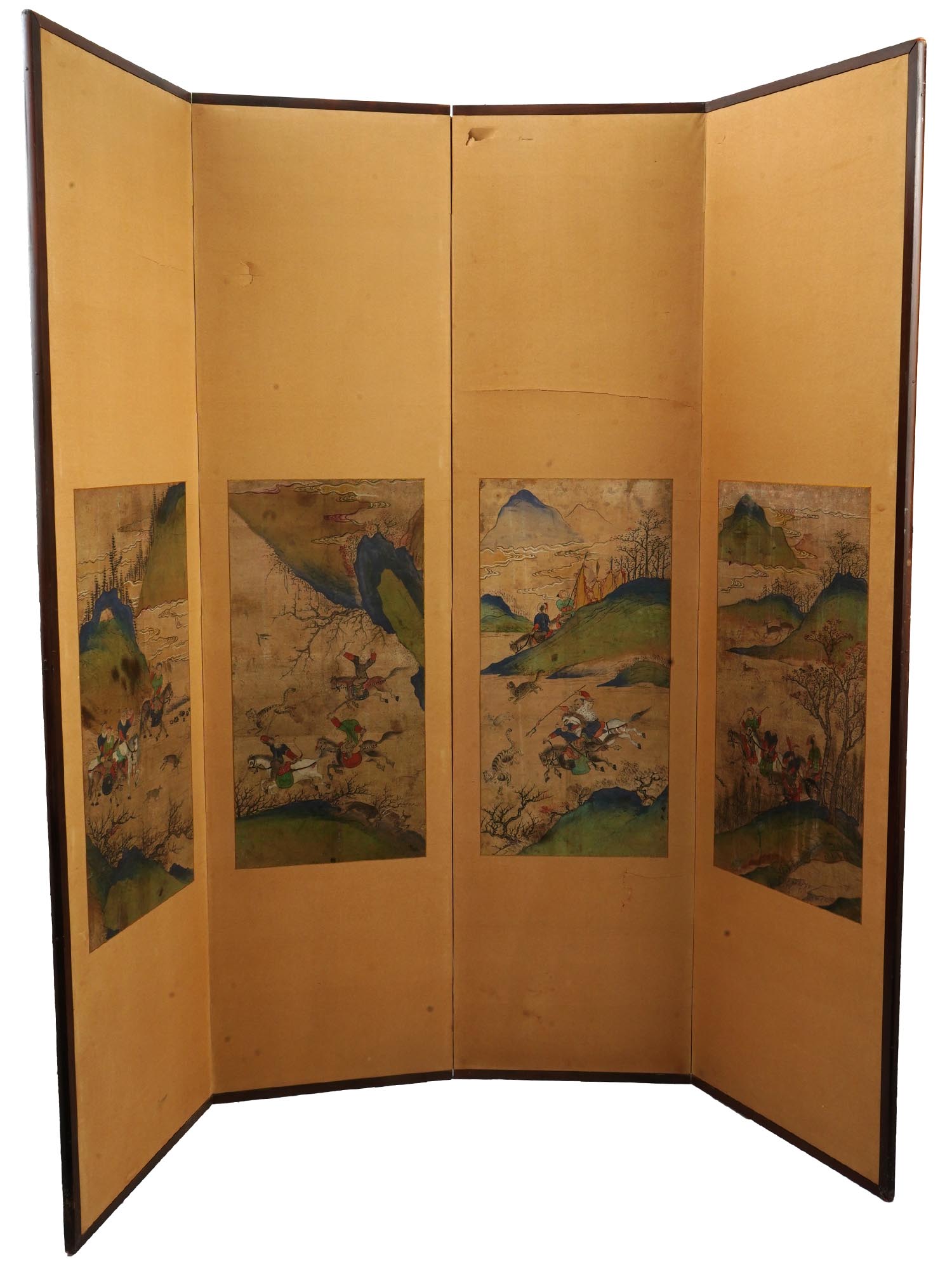 KOREAN INK ON SILK FOUR FOLD SCREEN W HUNTING SCENES PIC-0