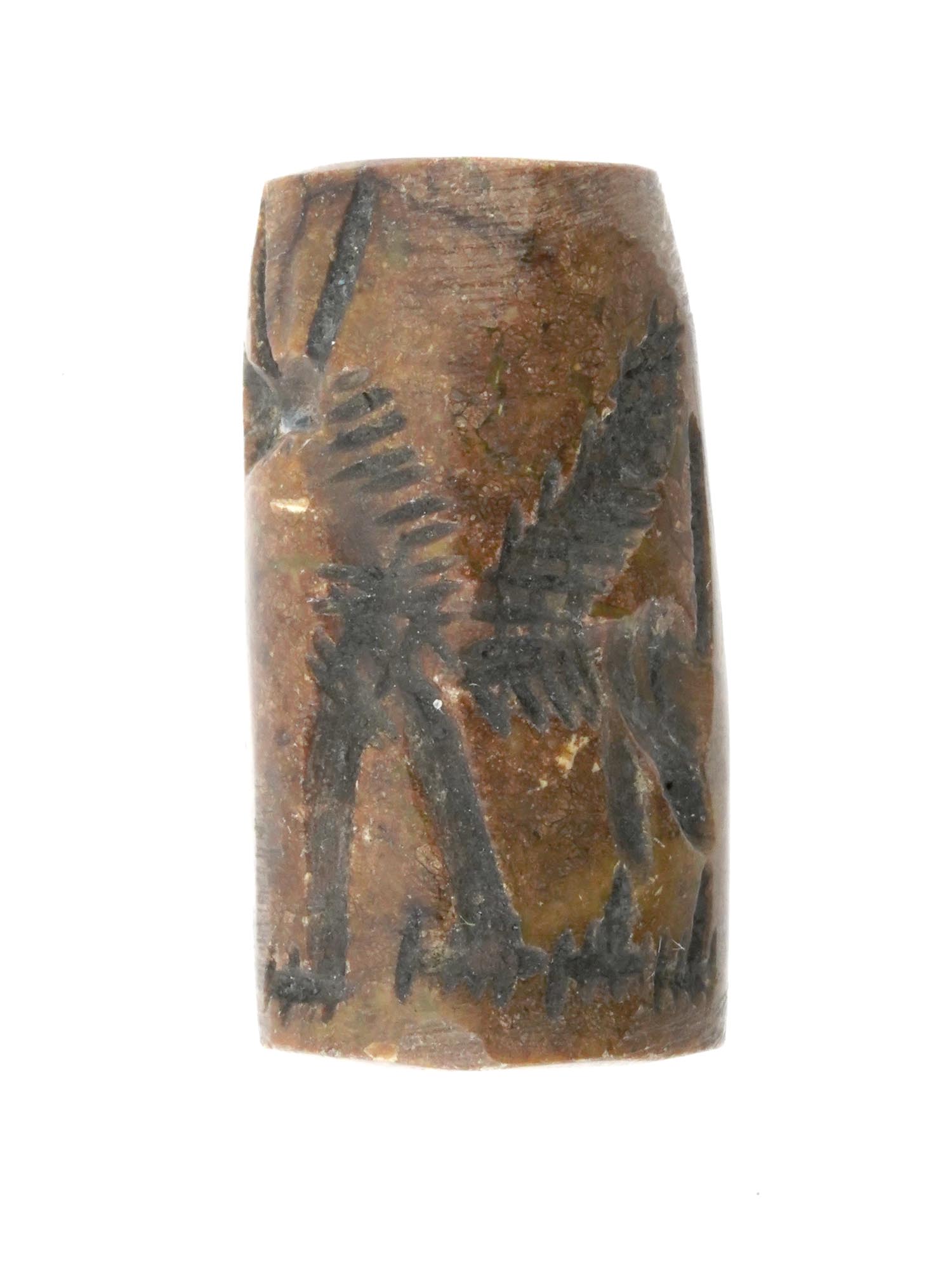 ANCIENT CYLINDER SEAL CARVED FROM BROWN STONE PIC-1