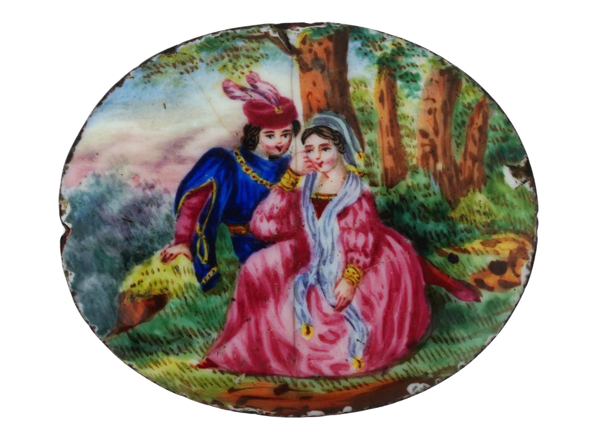 ANTIQUE SWISS ENAMEL PLAQUE W SCENE OF COURTING PIC-0