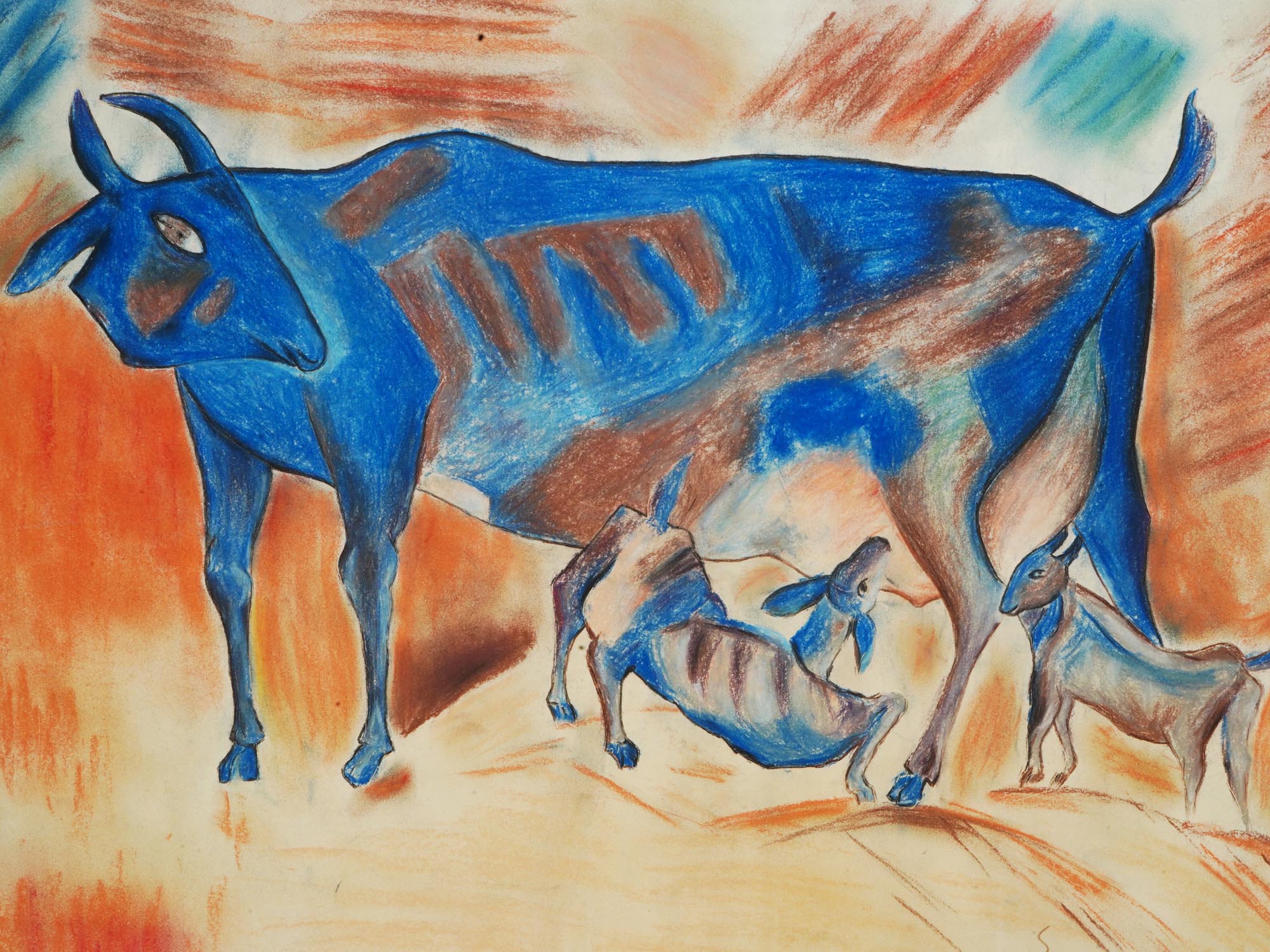 INDIAN PASTEL PAINTING OF BULLS BY SOMNATH HORE PIC-1