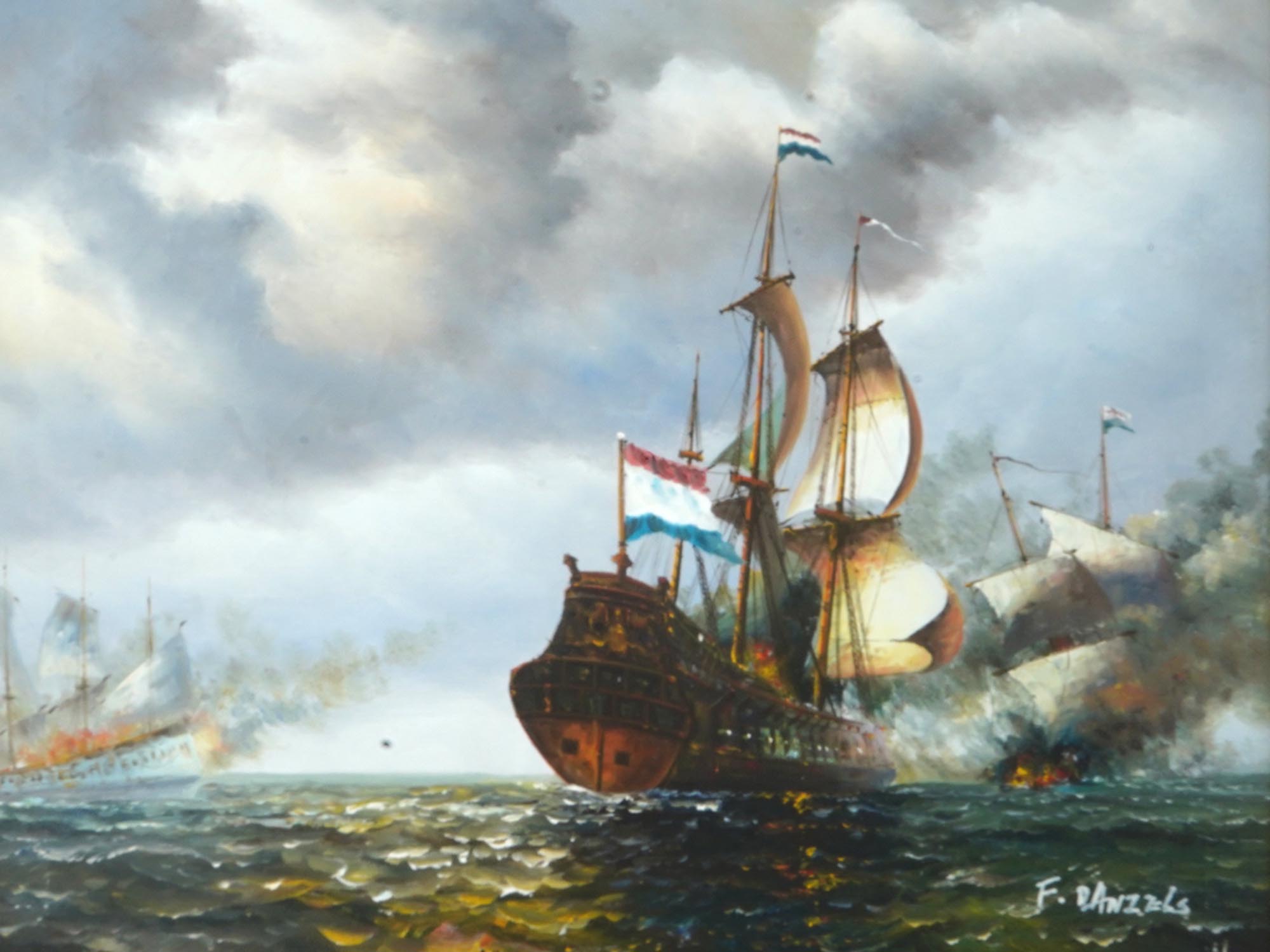 SEA BATTLE SCENE OIL PAINTING BY F DANIELS PIC-1