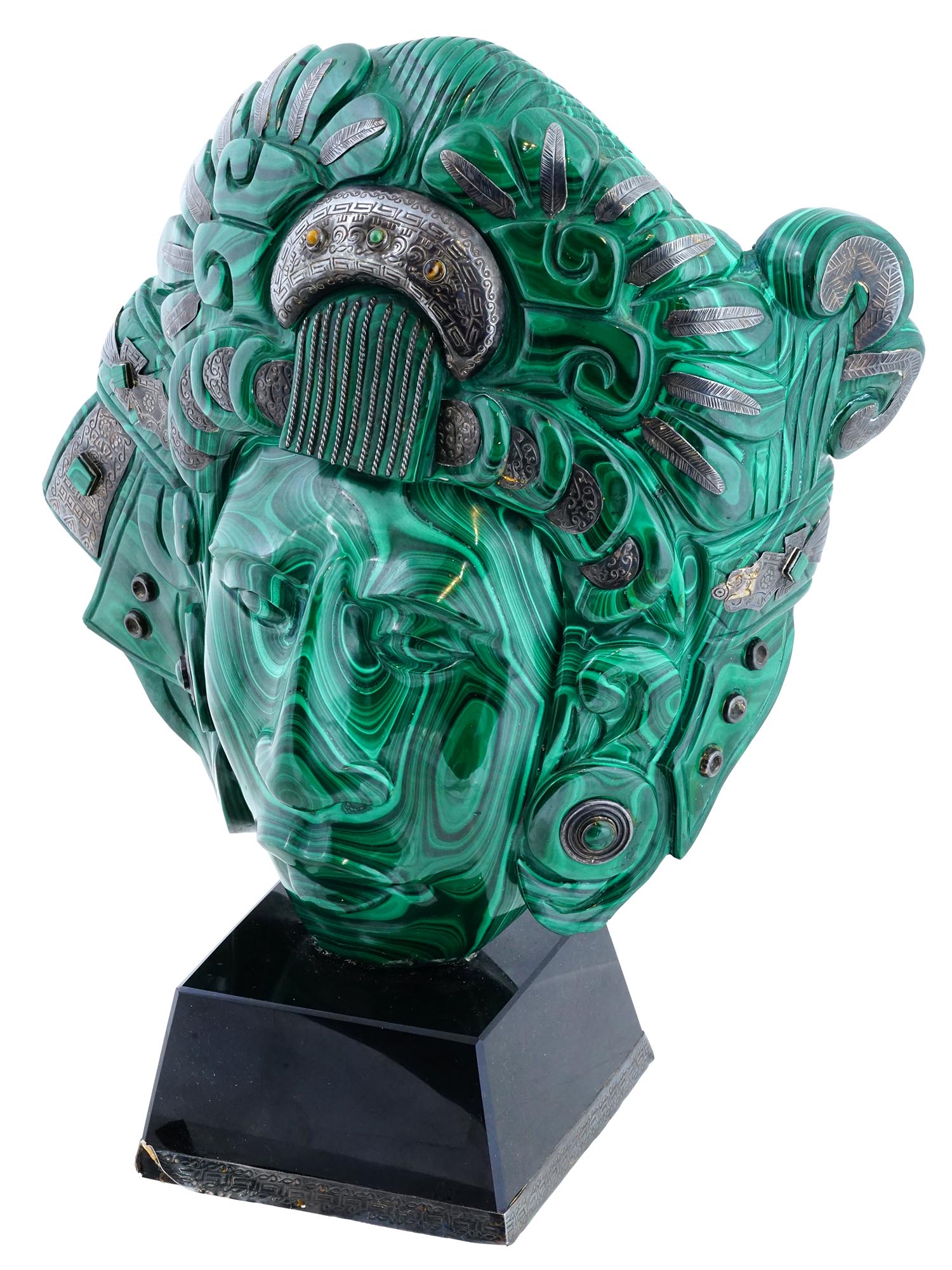 NATURAL MALACHITE AND SILVER AZTEC SCULPTURE PIC-1