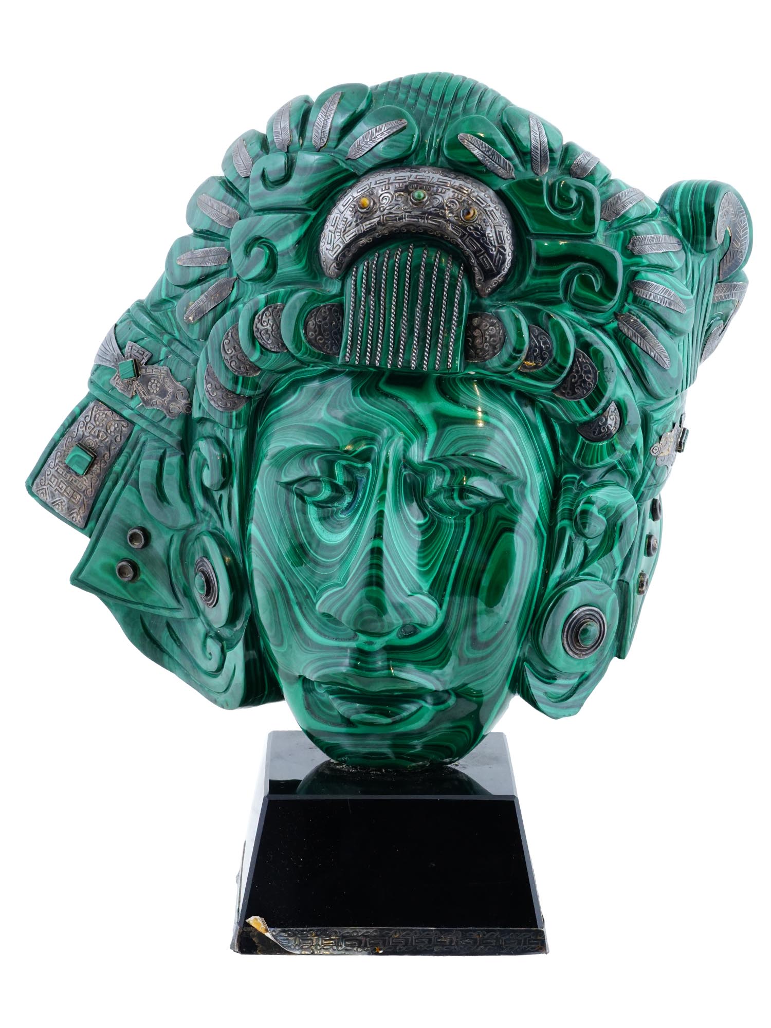 NATURAL MALACHITE AND SILVER AZTEC SCULPTURE PIC-0