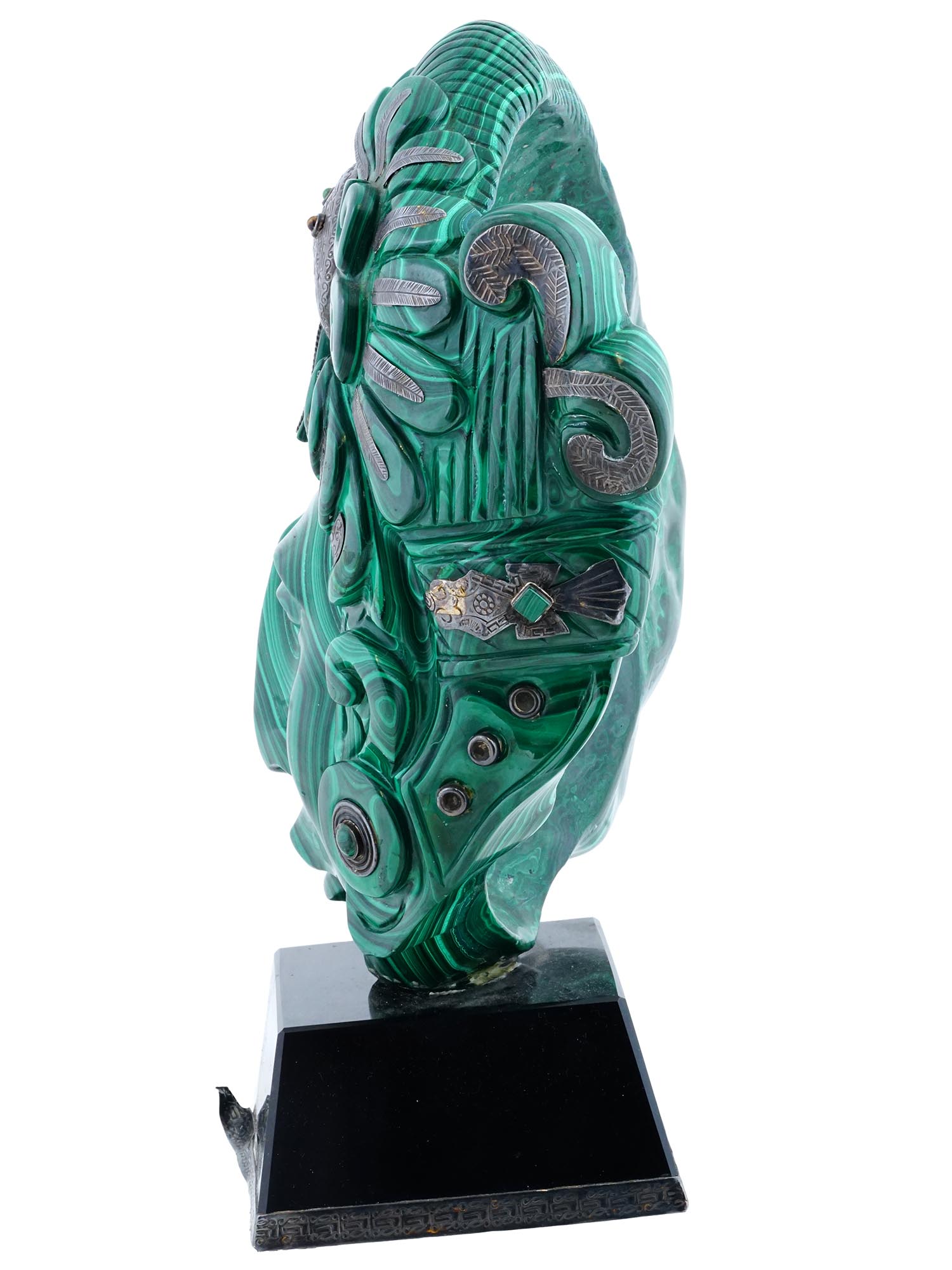 NATURAL MALACHITE AND SILVER AZTEC SCULPTURE PIC-2