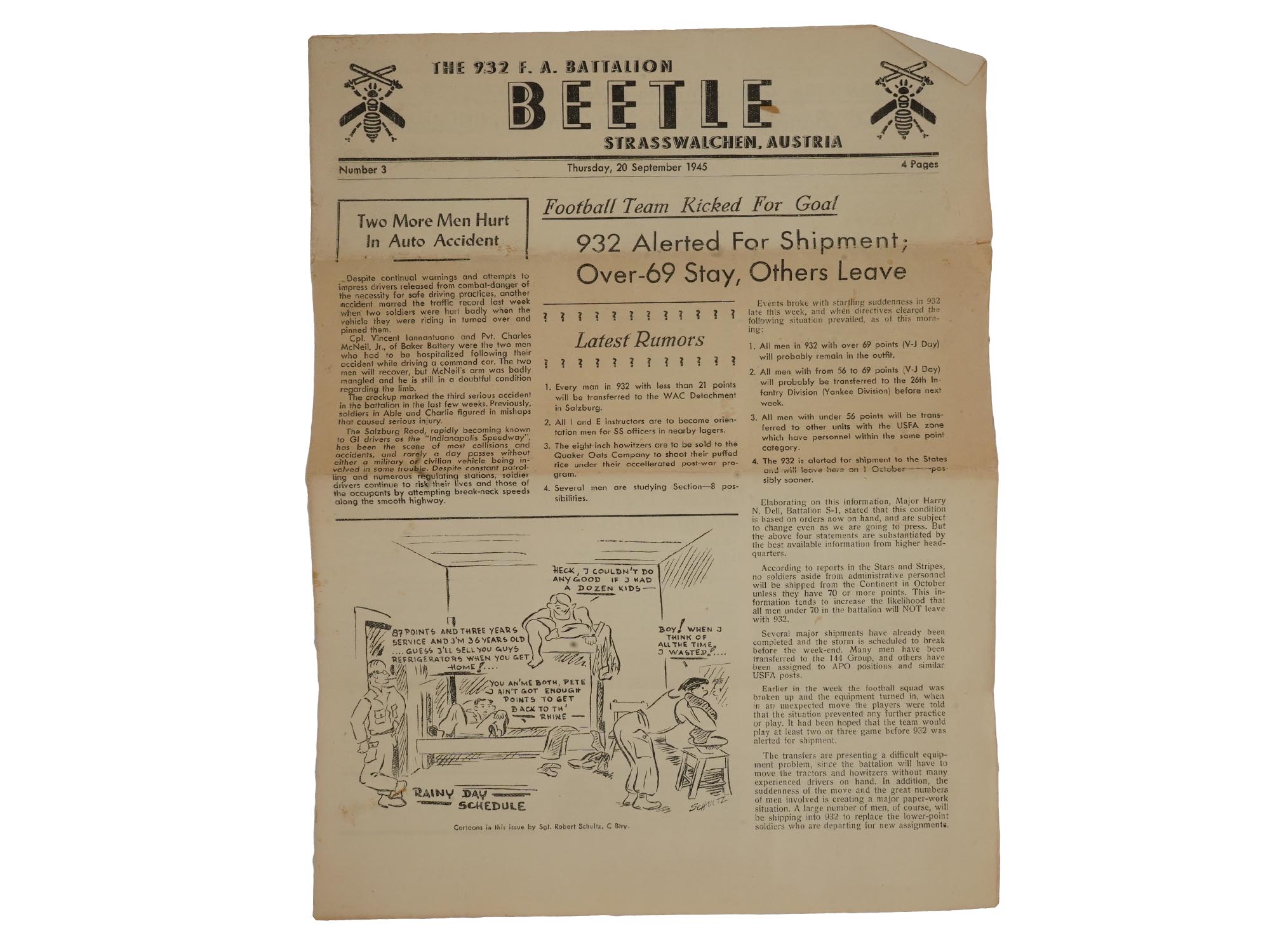 1945 THE 932 FA BATTALION BEETLE AUSTRIA NEWSPAPER PIC-0