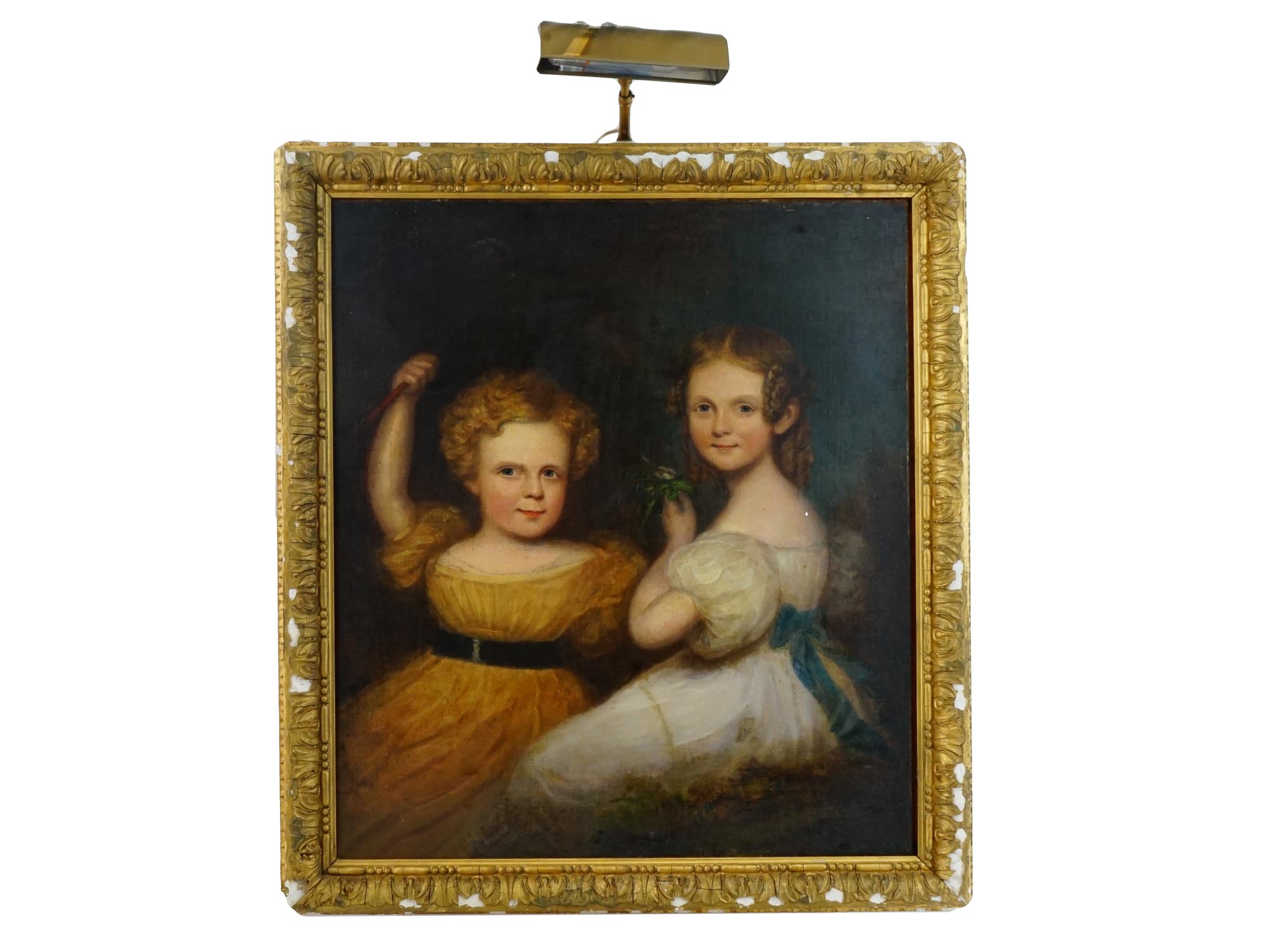 ANTIQUE OIL PORTRAIT PAINTING OF TWO GIRLS 19TH C PIC-0