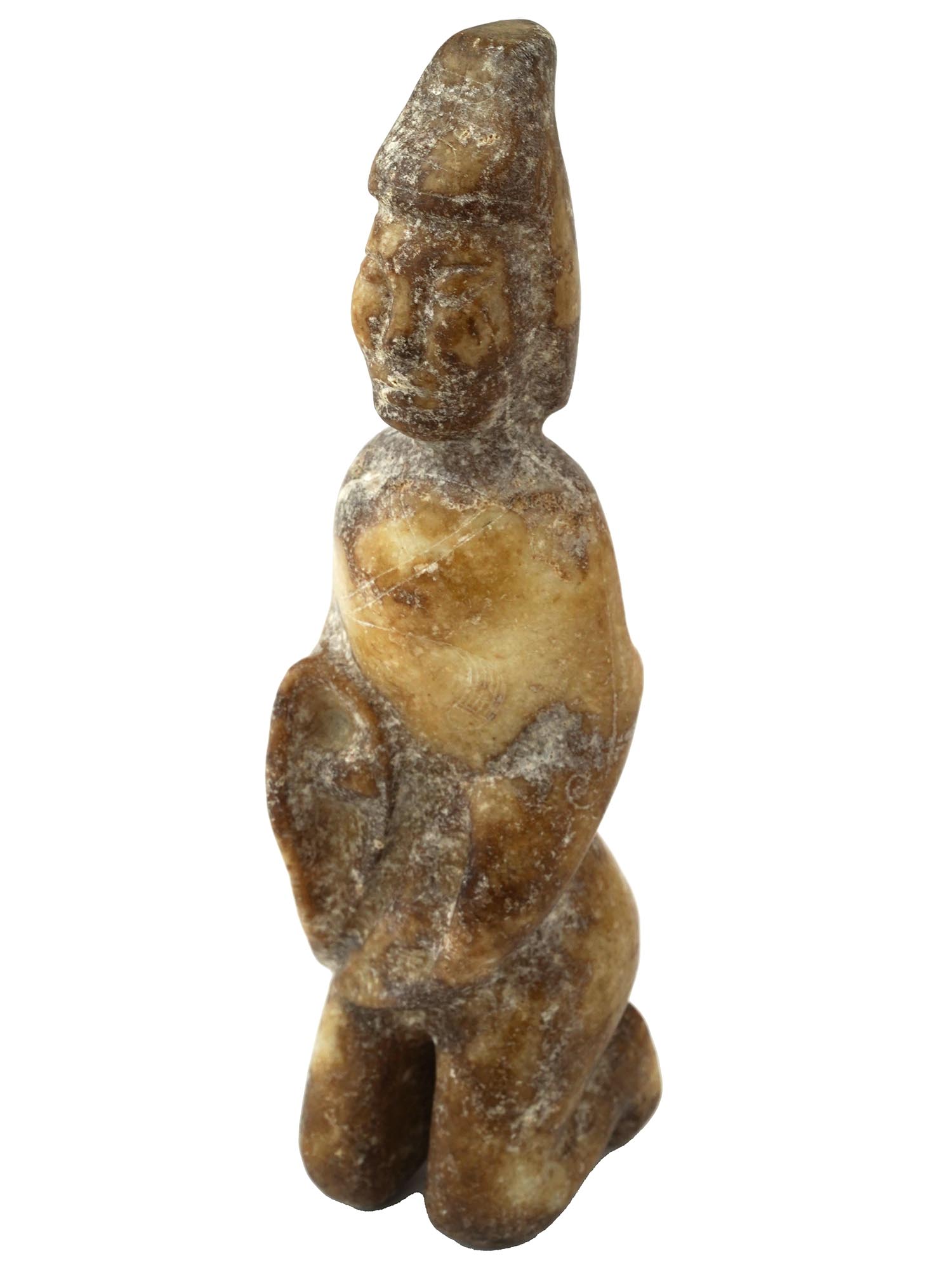 CHINESE CARVED BROWNISH JADE FIGURE OF KNEELING WOMAN PIC-0