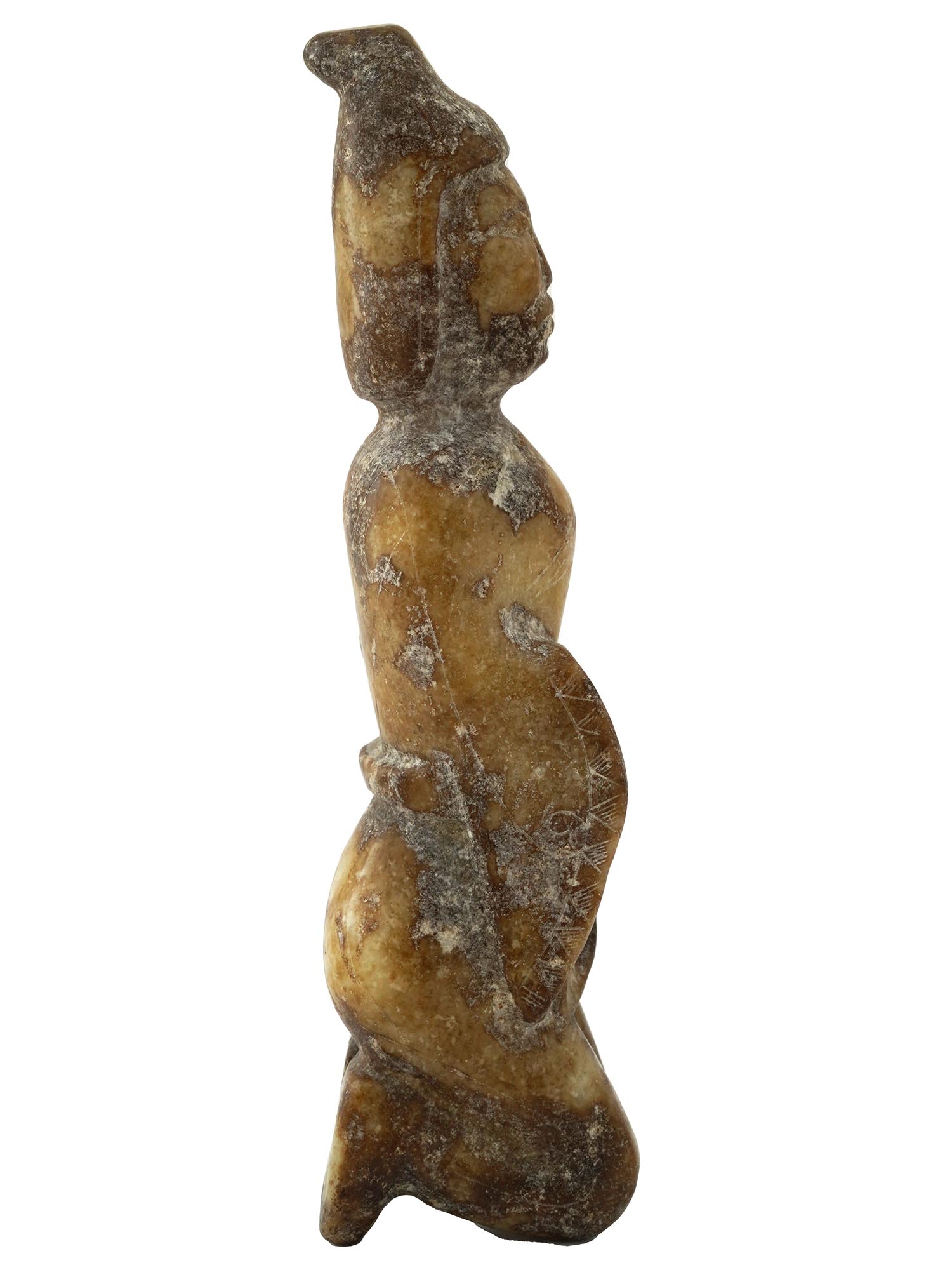 CHINESE CARVED BROWNISH JADE FIGURE OF KNEELING WOMAN PIC-4