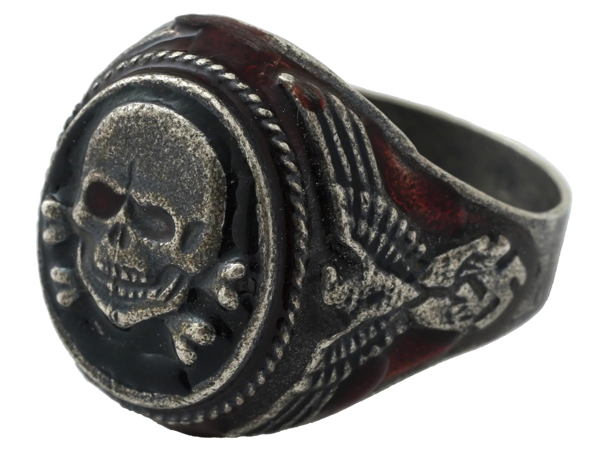 WWII MODEL GERMAN TOTENKOPF SILVER ENAMELED RING PIC-0