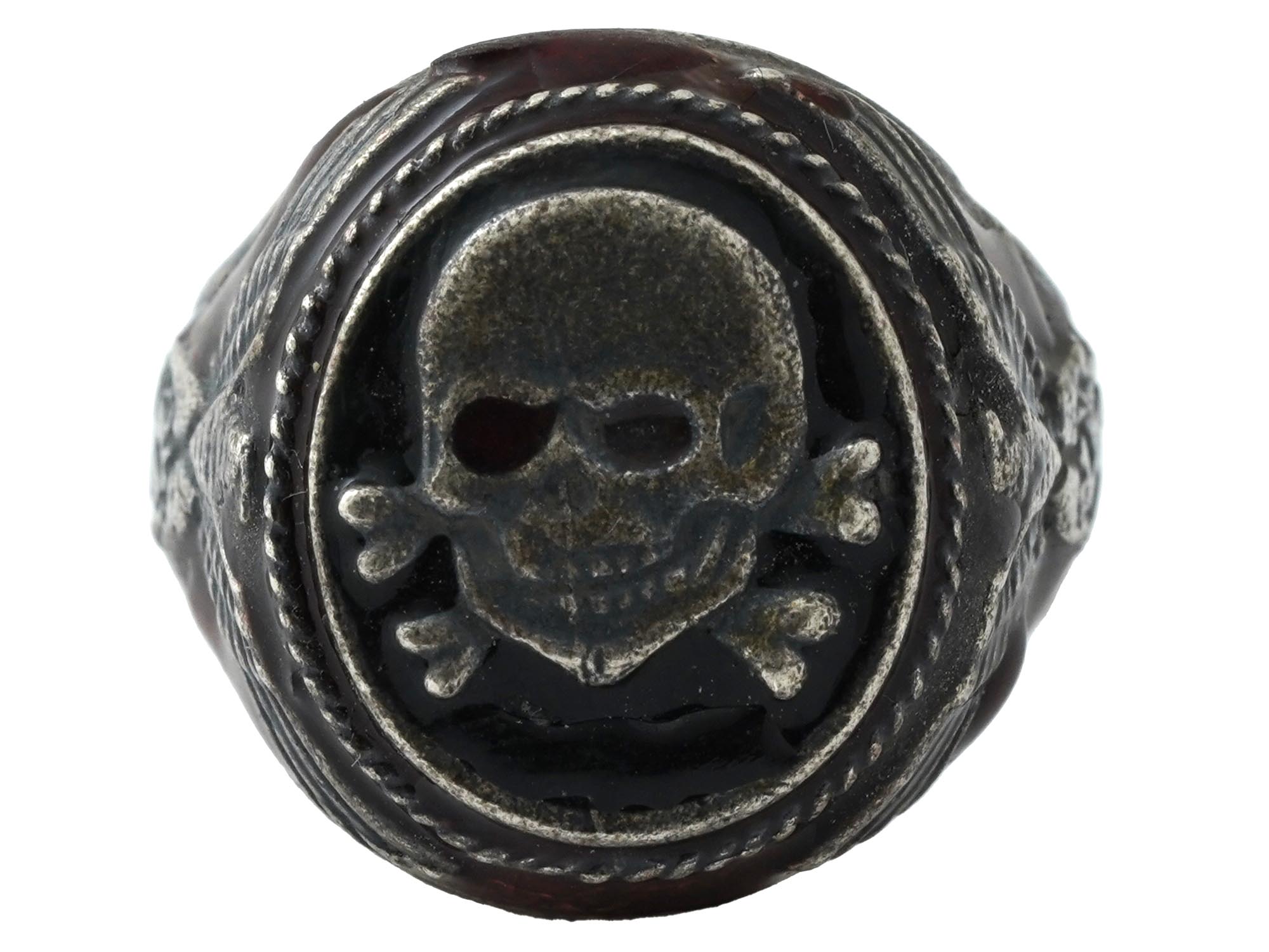 WWII MODEL GERMAN TOTENKOPF SILVER ENAMELED RING PIC-1