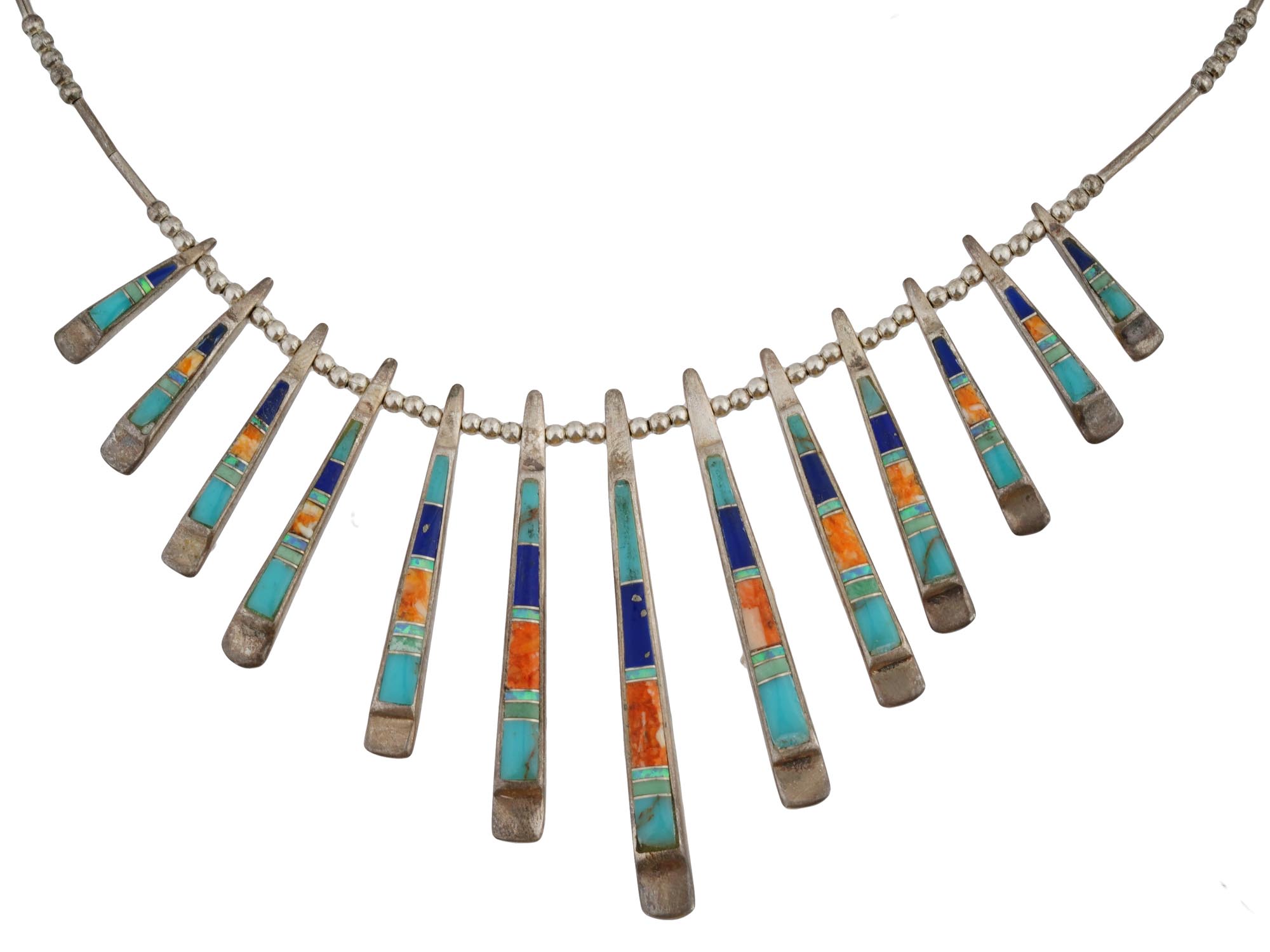 VINTAGE NATIVE AMERICAN GEMSTONE INLAID SILVER NECKLACE PIC-3