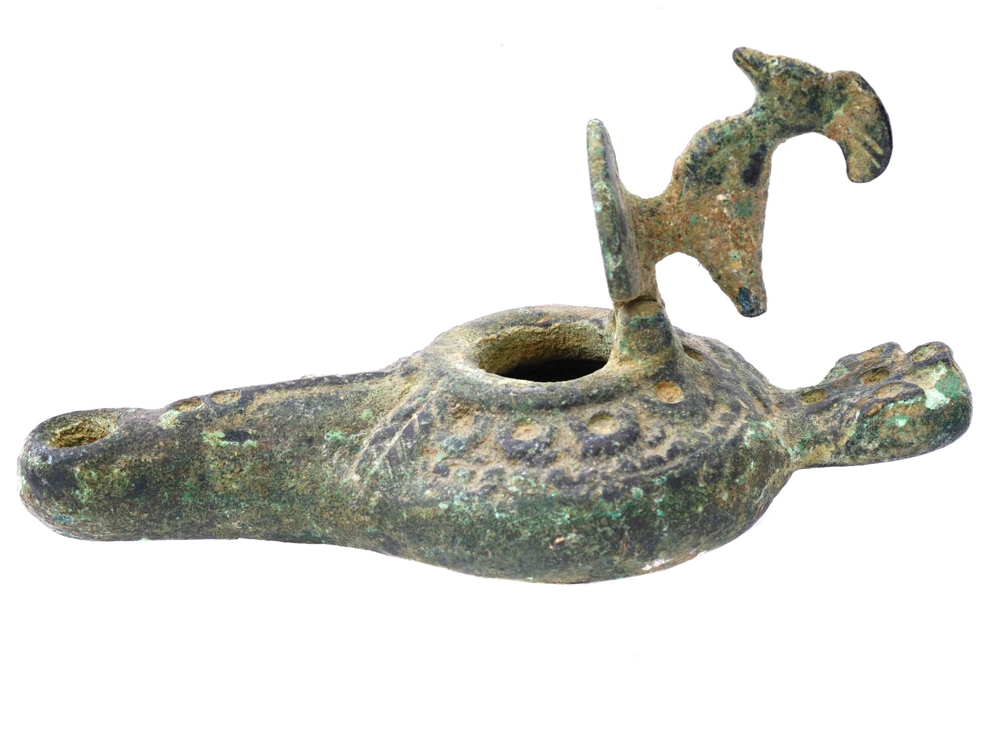 ROMAN BRONZE OIL LAMP LUCERNA WITH A BIRD FIGURINE PIC-2