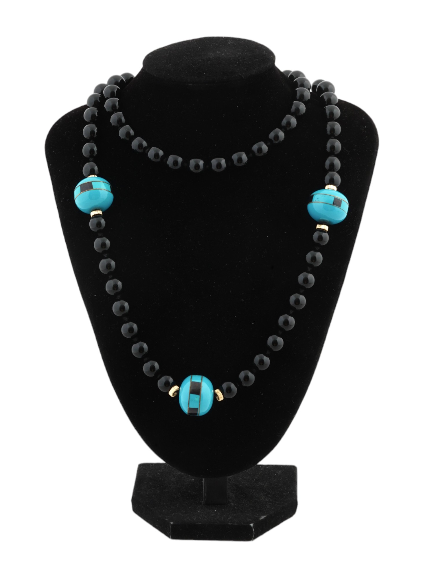 VINTAGE BLACK ONYX AND TURQUOISE BEADED NECKLACE PIC-0