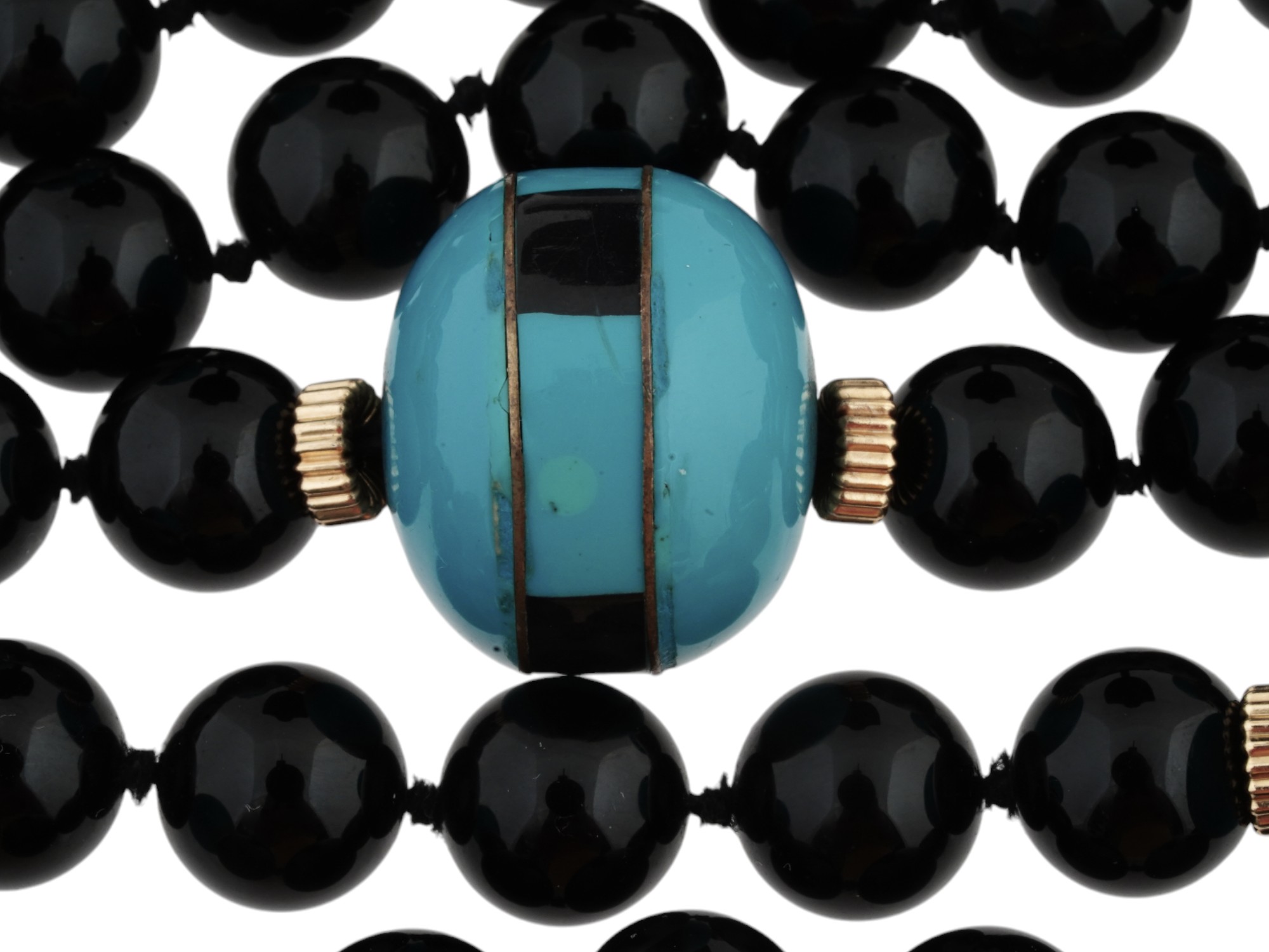 VINTAGE BLACK ONYX AND TURQUOISE BEADED NECKLACE PIC-3