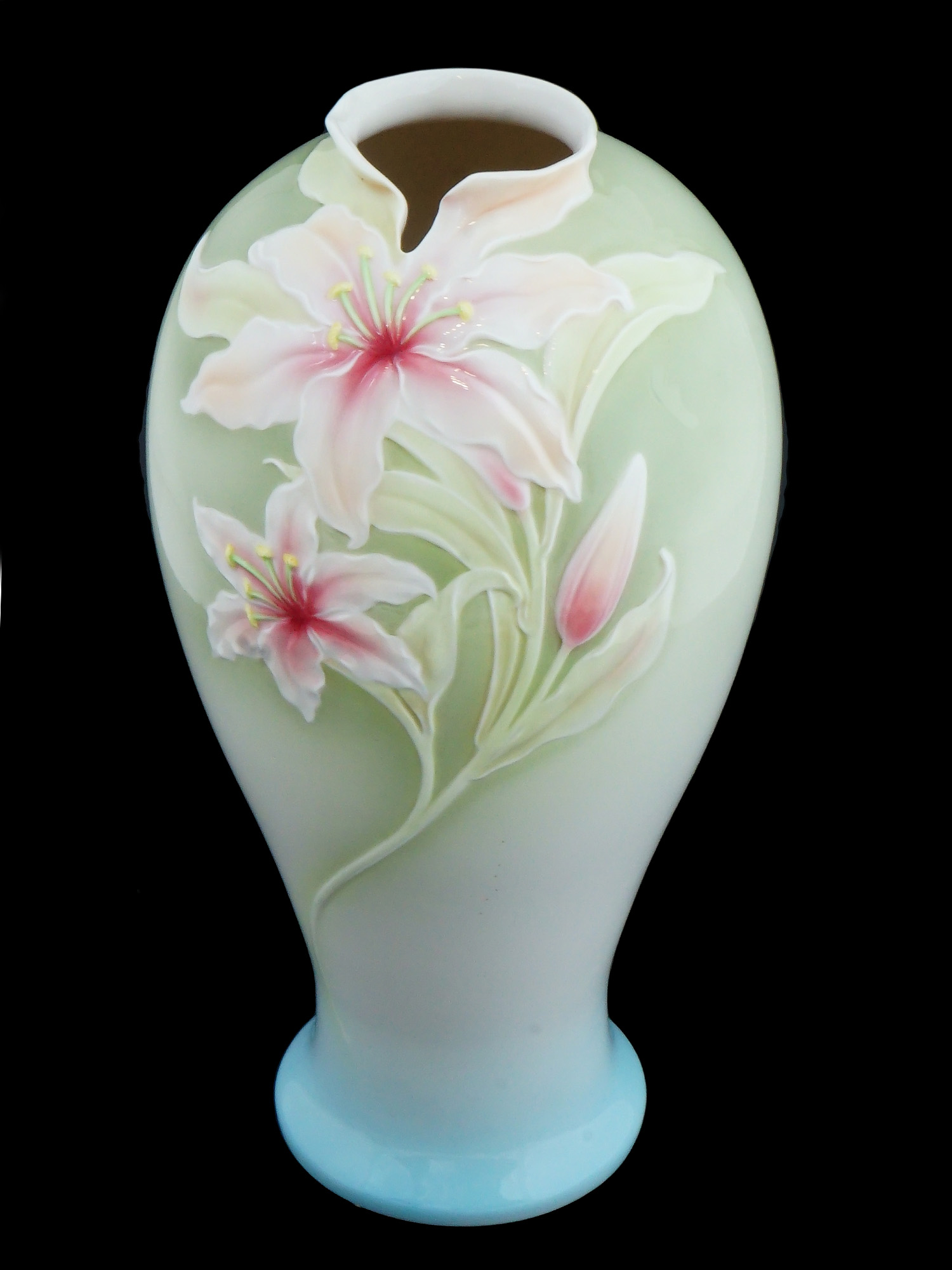 VINTAGE FRANZ WEI XUEI MEI PORCELAIN PINK LILY VASE PIC-1