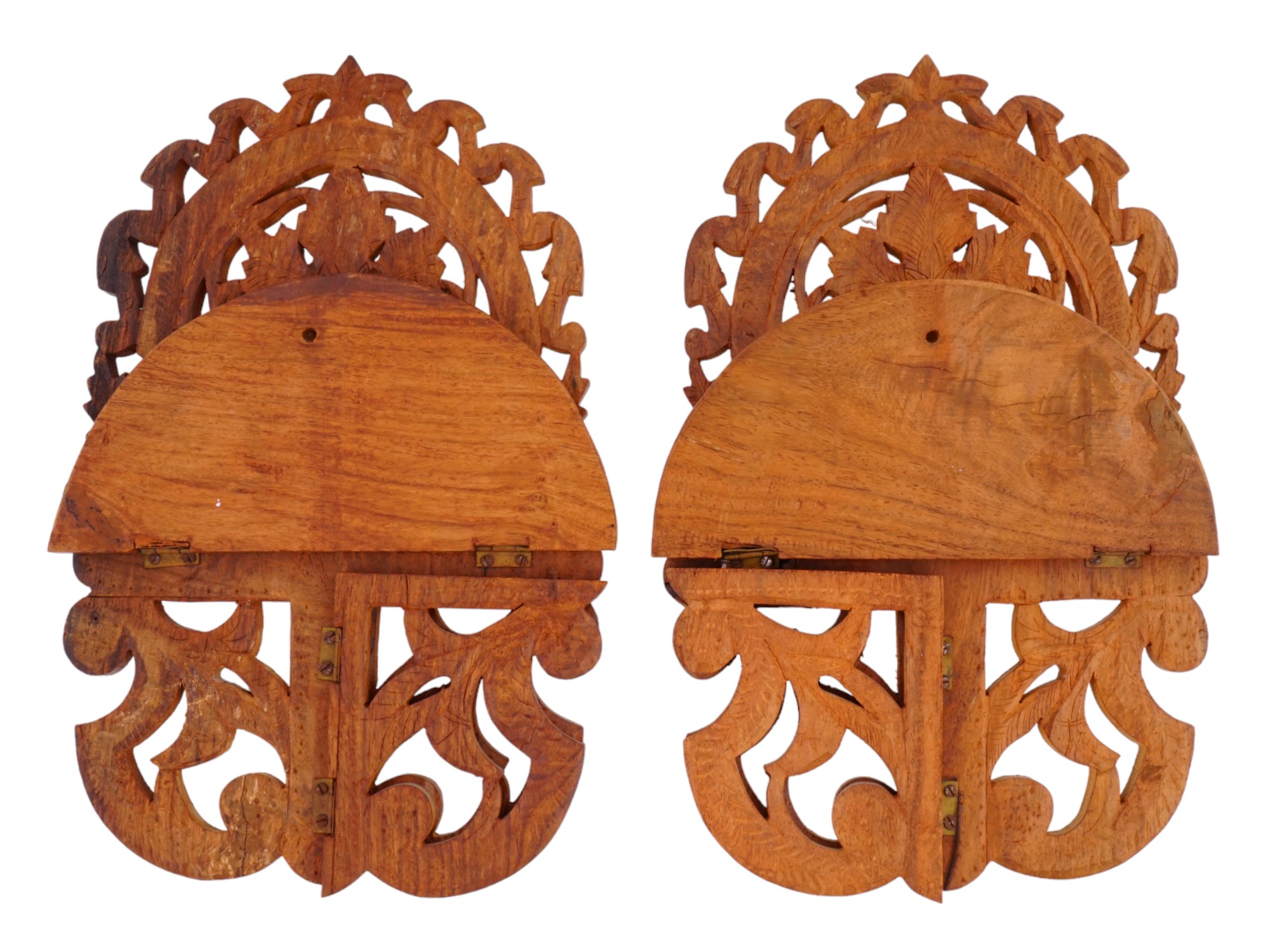 PAIR OF VINTAGE CARVED WOOD FOLDING WALL SHELVES PIC-1