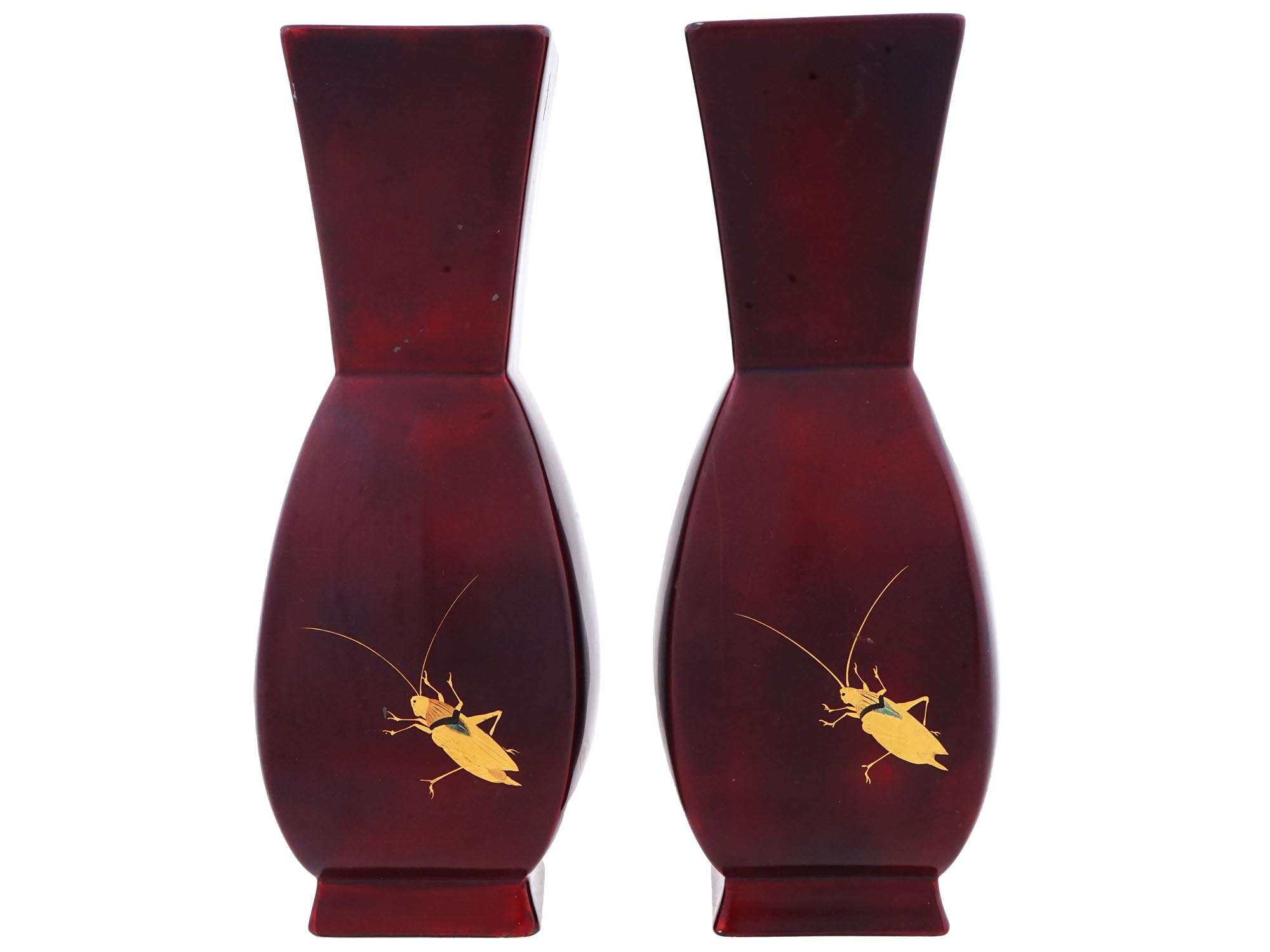 PAIR OF JAPANESE CRICKET DESIGN ENAMELED METAL VASES PIC-0