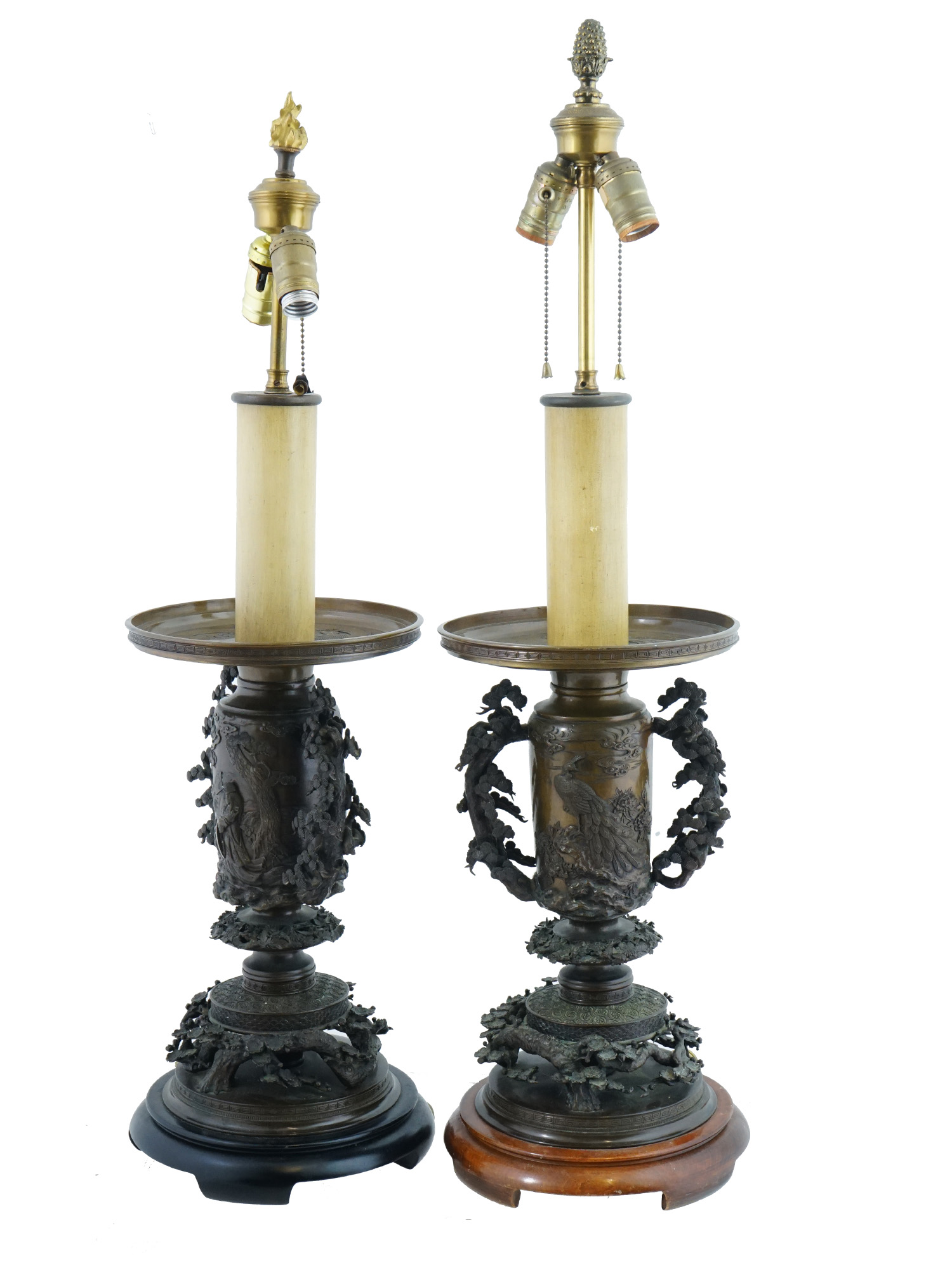 PAIR OF ANTIQUE JAPANESE MEIJI PERIOD BRONZE LAMPS PIC-0