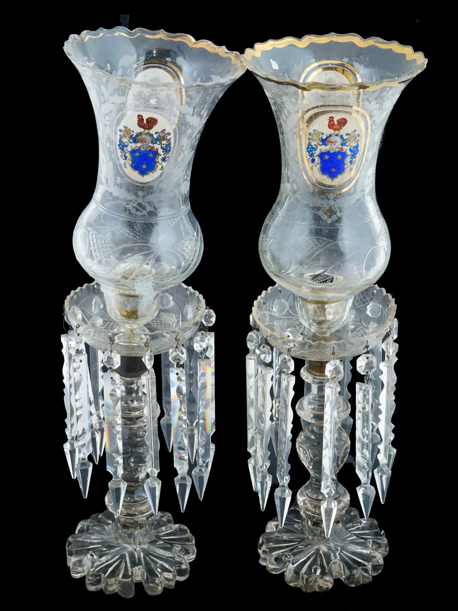 ANTIQUE CRYSTAL GLASS LUSTER LAMPS WITH COATS OF ARMS PIC-1