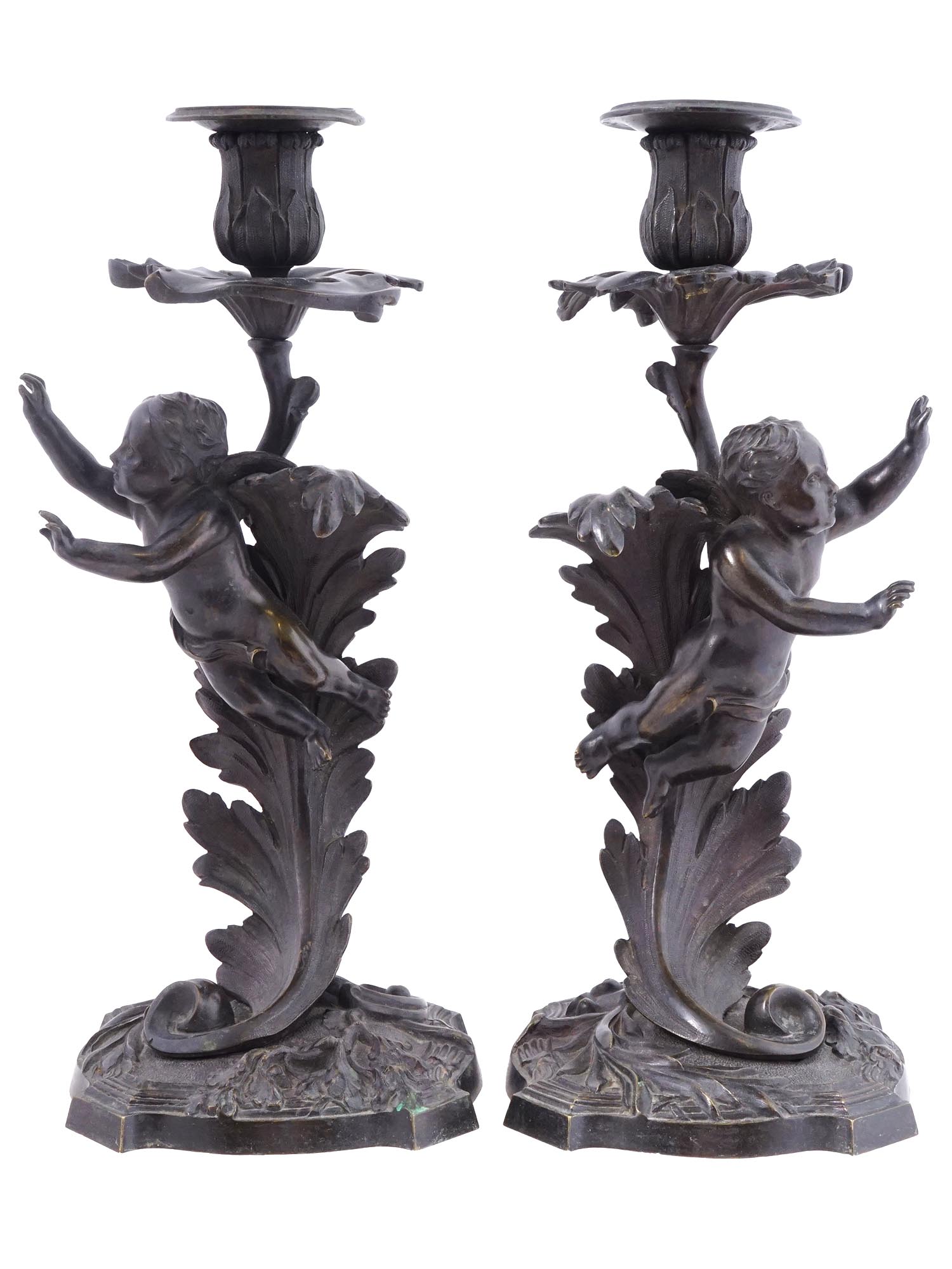 ANTIQUE FRENCH BRONZE CHERUB AND ACANTHUS CANDLESTICKS PIC-0